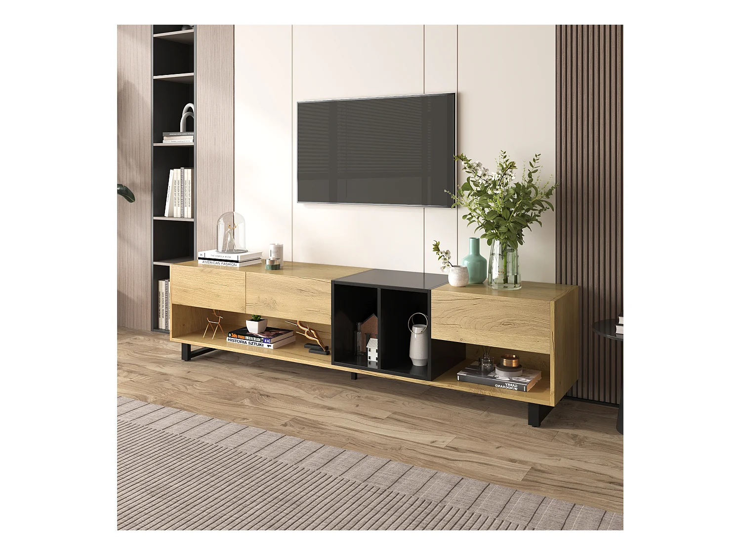 TV-meubel met 3 lades en 4 vakken - 200 x 40 x 50 cm - Spaanplaat - Naturel en zwart