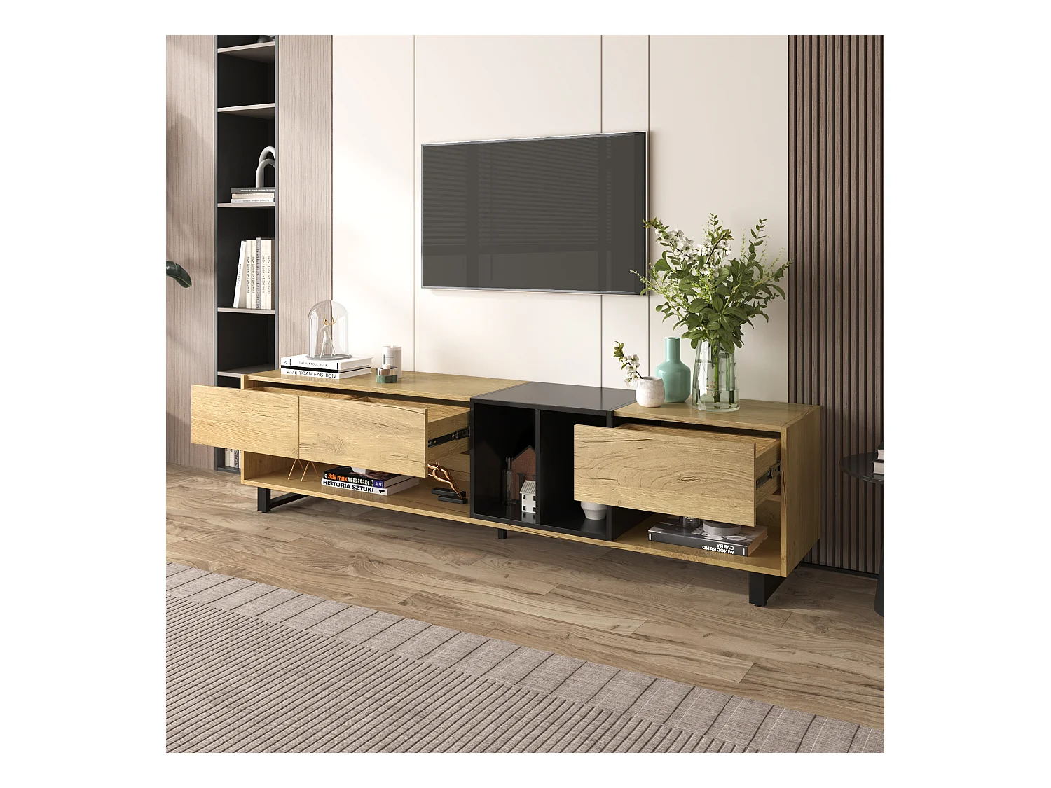 TV-meubel met 3 lades en 4 vakken - 200 x 40 x 50 cm - Spaanplaat - Naturel en zwart