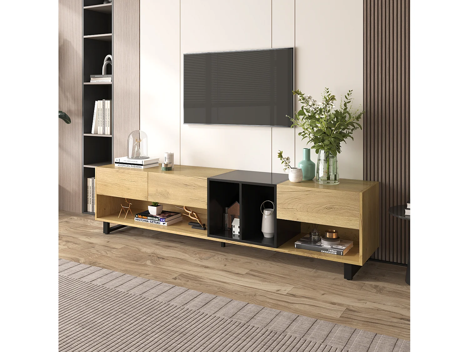 TV-meubel met 3 lades en 4 vakken - 200 x 40 x 50 cm - Spaanplaat - Naturel en zwart