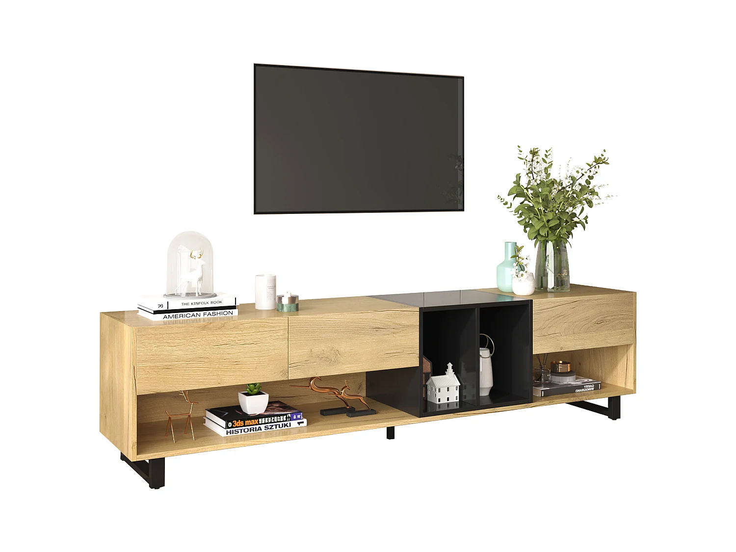 TV-meubel met 3 lades en 4 vakken - 200 x 40 x 50 cm - Spaanplaat - Naturel en zwart