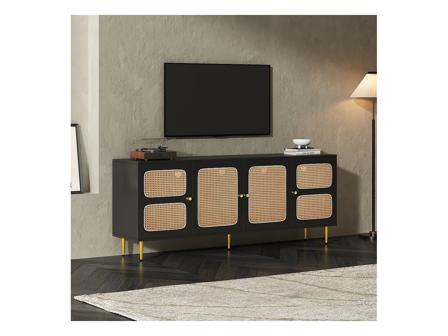 Meuble TV avec 2 tiroirs et 4 portes en rotin - 180x40x72 cm - Panneaux de particules - Noir