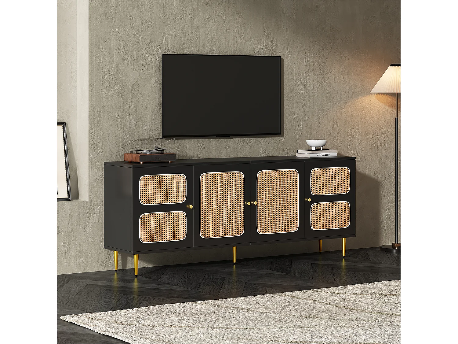 Meuble TV avec 2 tiroirs et 4 portes en rotin - 180x40x72 cm - Panneaux de particules - Noir