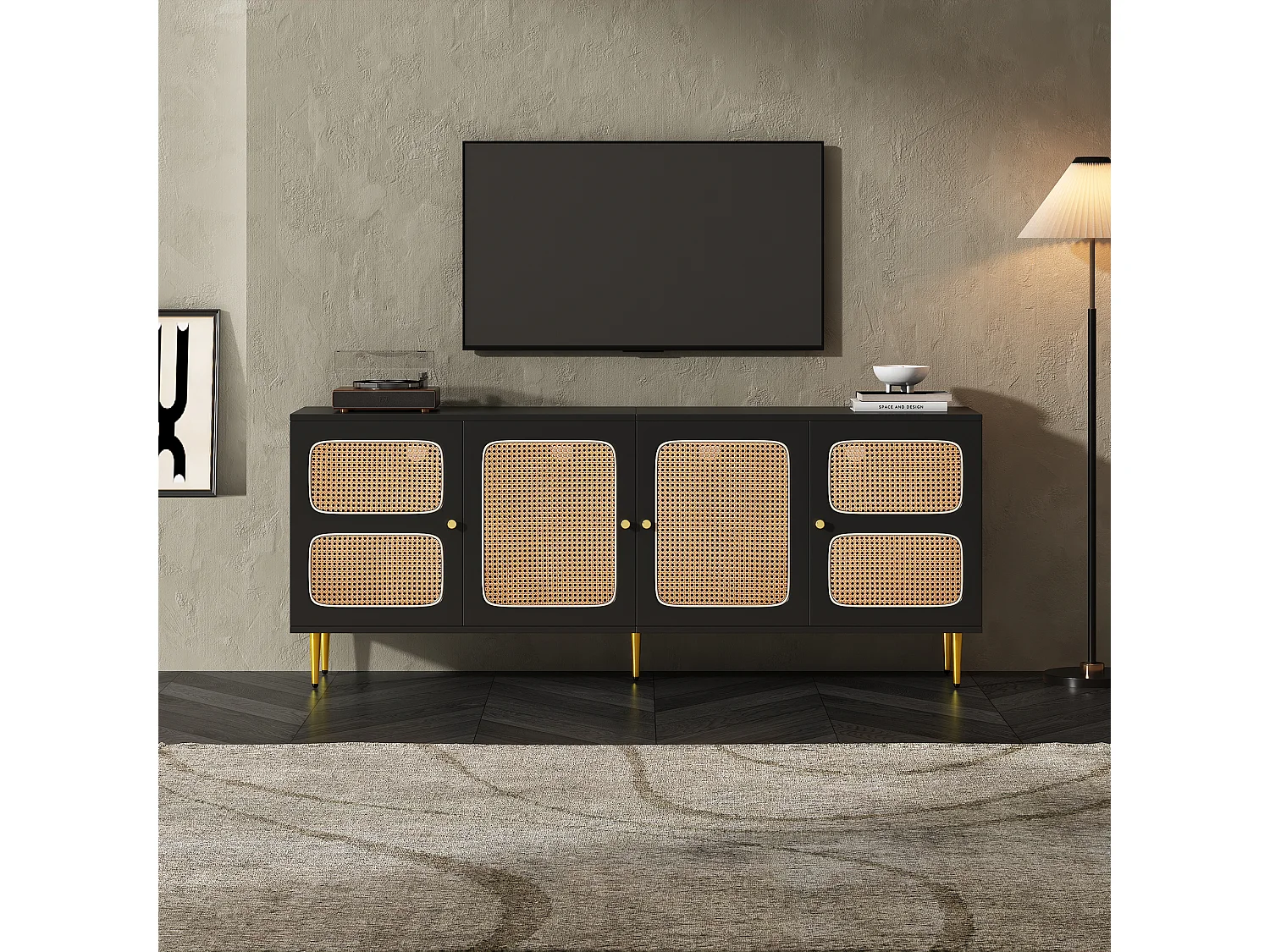 Meuble TV avec 2 tiroirs et 4 portes en rotin - 180x40x72 cm - Panneaux de particules - Noir