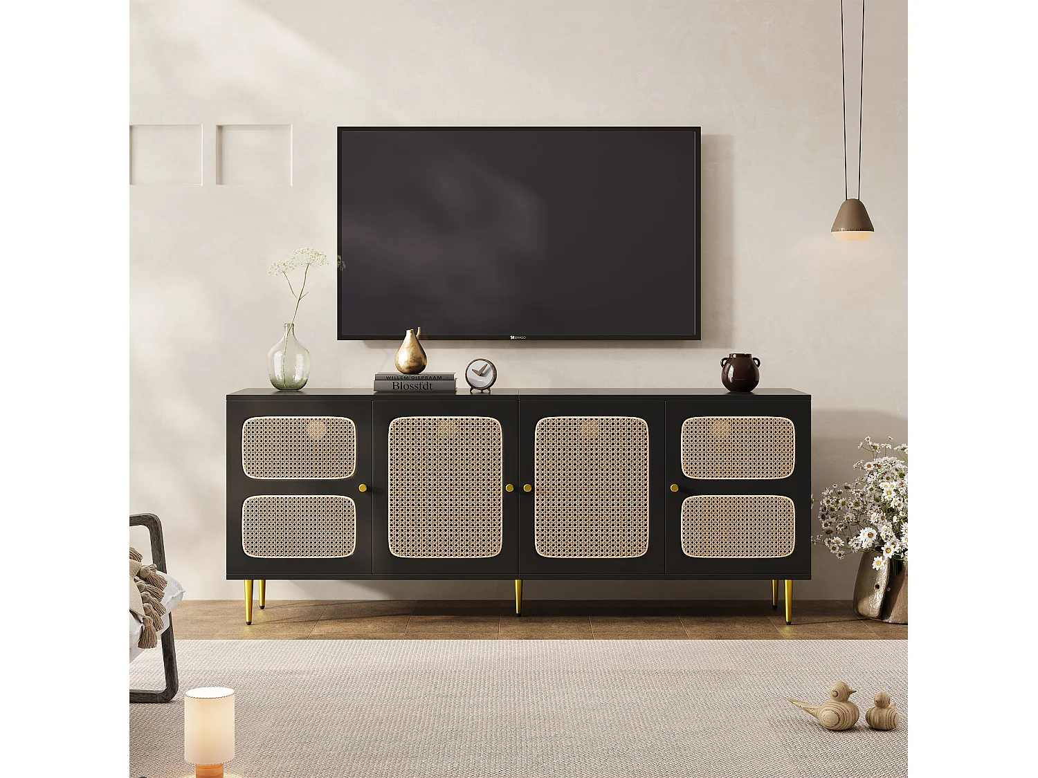 Meuble TV avec 2 tiroirs et 4 portes en rotin - 180x40x72 cm - Panneaux de particules - Noir