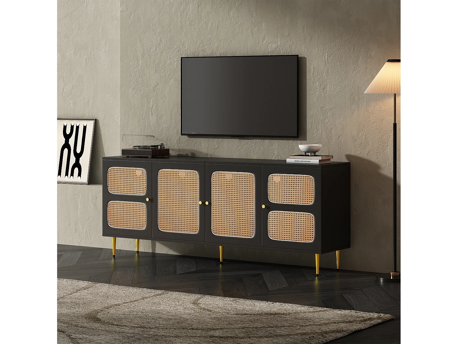 Meuble TV avec 2 tiroirs et 4 portes en rotin - 180x40x72 cm - Panneaux de particules - Noir