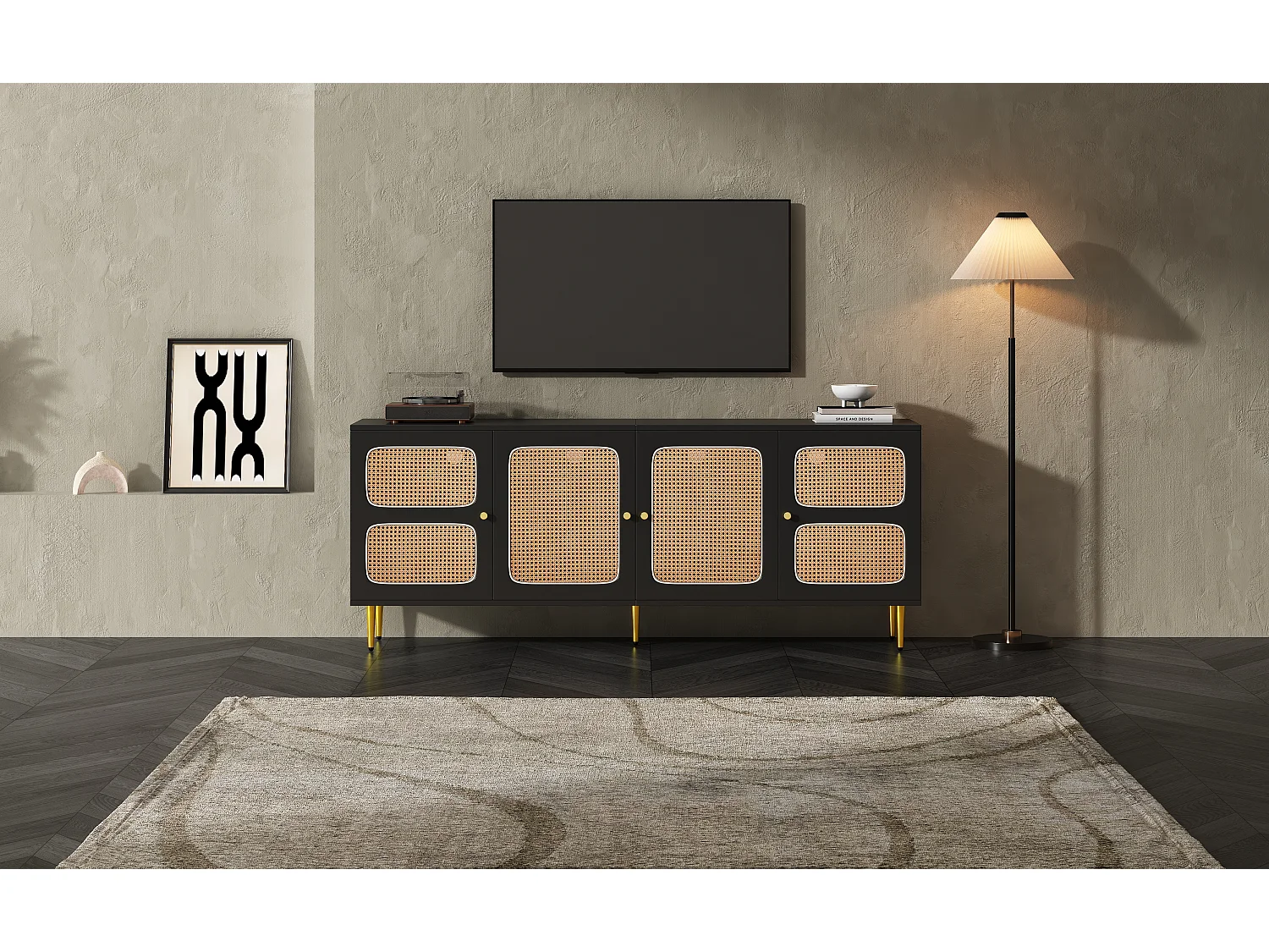 Meuble TV avec 2 tiroirs et 4 portes en rotin - 180x40x72 cm - Panneaux de particules - Noir