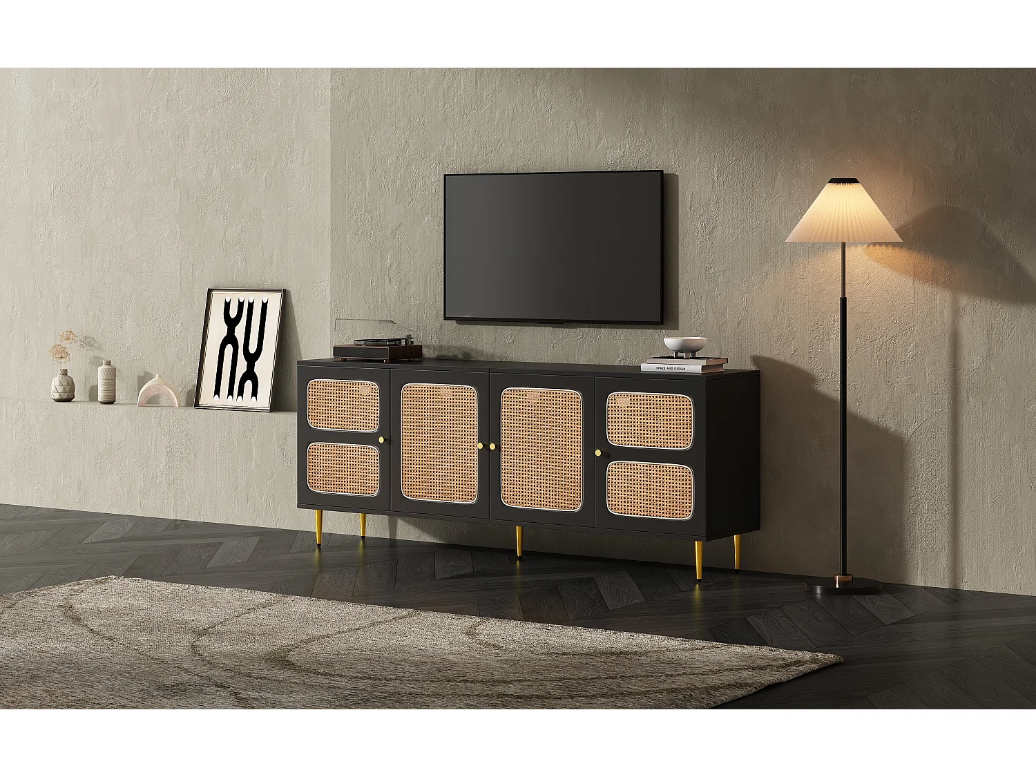 Meuble TV avec 2 tiroirs et 4 portes en rotin - 180x40x72 cm - Panneaux de particules - Noir
