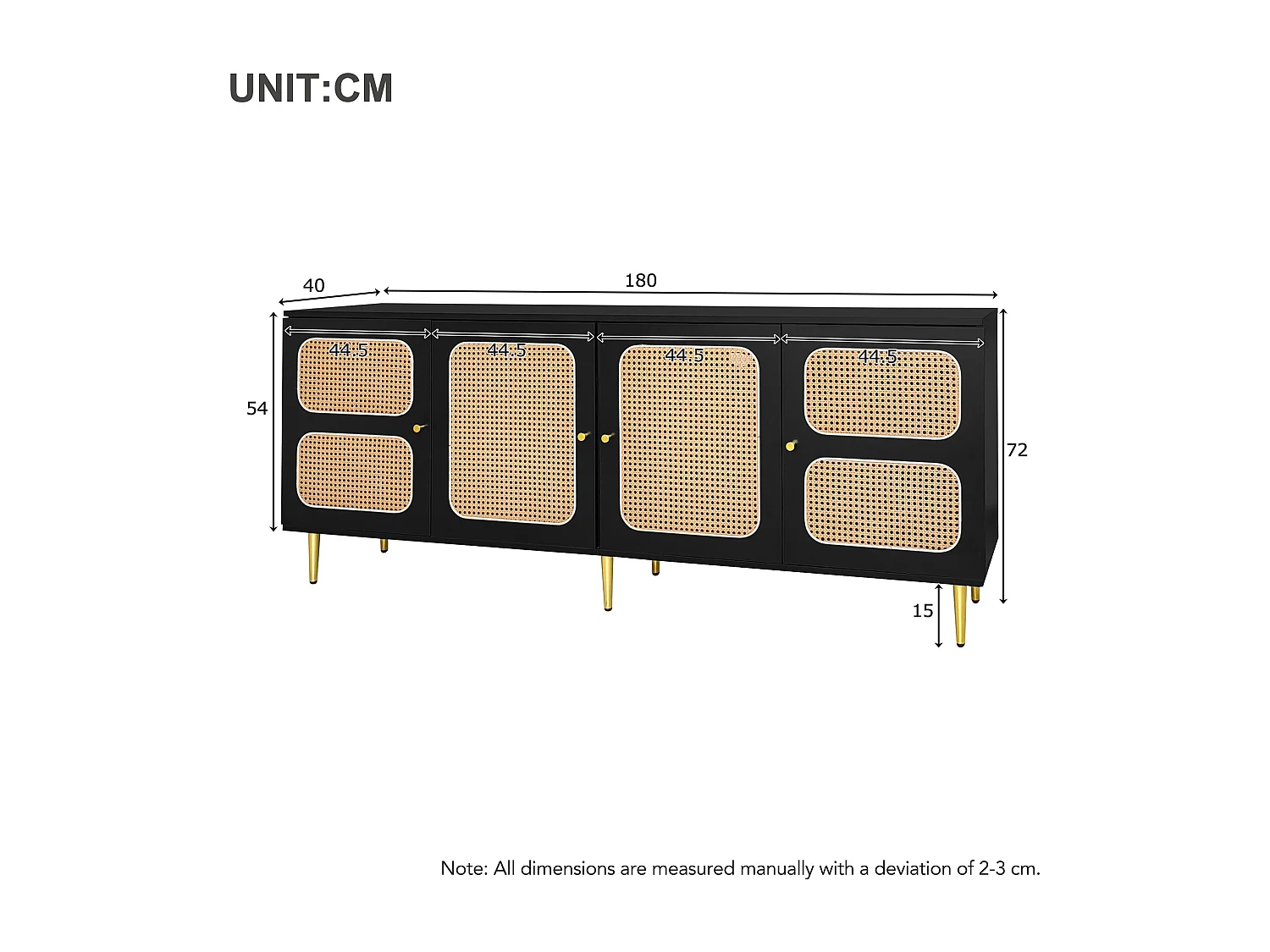 Meuble TV avec 2 tiroirs et 4 portes en rotin - 180x40x72 cm - Panneaux de particules - Noir