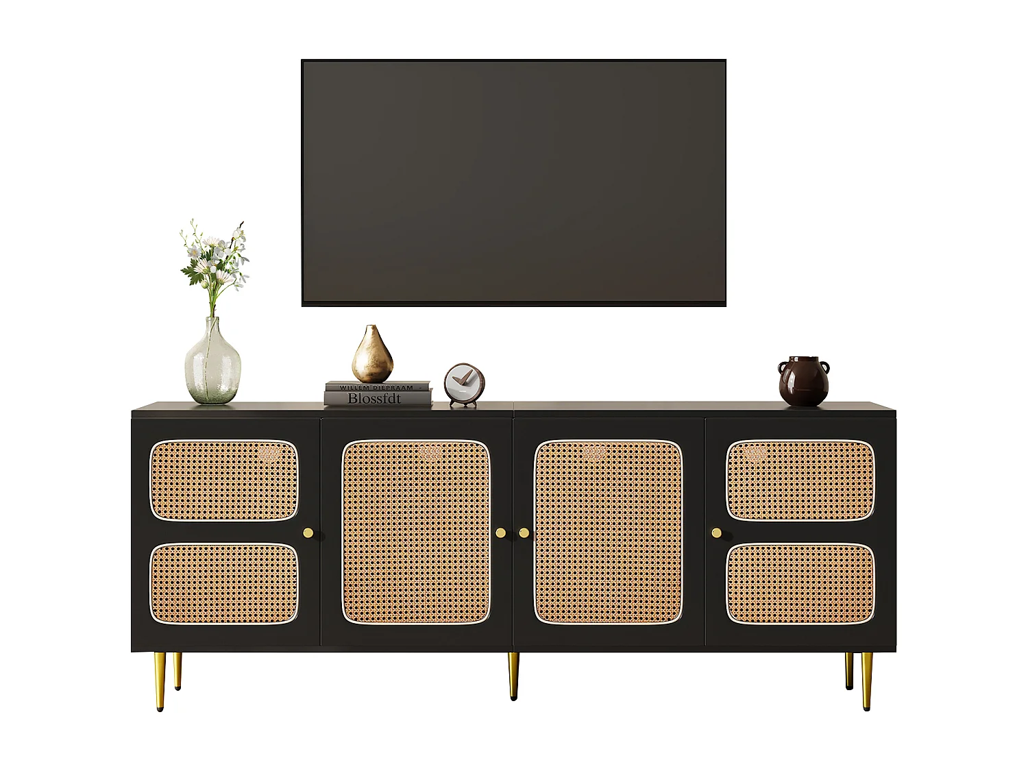 Meuble TV avec 2 tiroirs et 4 portes en rotin - 180x40x72 cm - Panneaux de particules - Noir