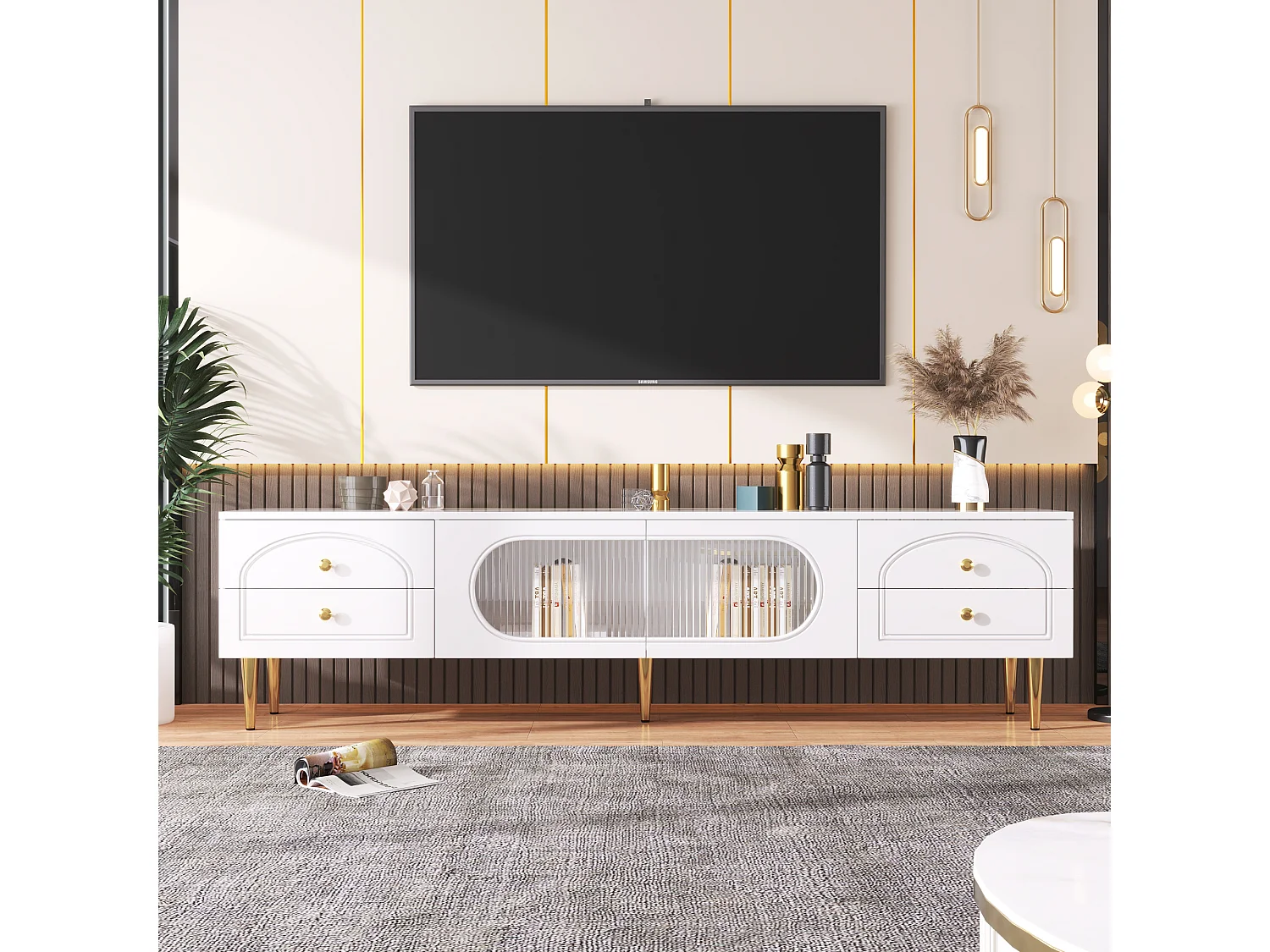 Meuble TV avec 2 portes et 4 tiroirs - 175 x 45 x 35 cm - Bois MDF et pièds dorés - Blanc