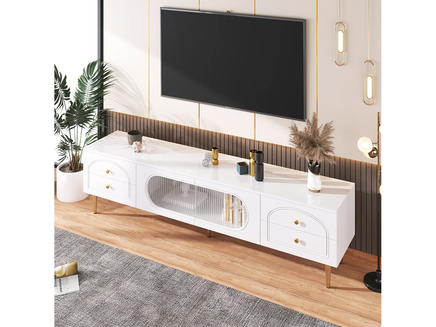 Meuble TV avec 2 portes et 4 tiroirs - 175 x 45 x 35 cm - Bois MDF et pièds dorés - Blanc