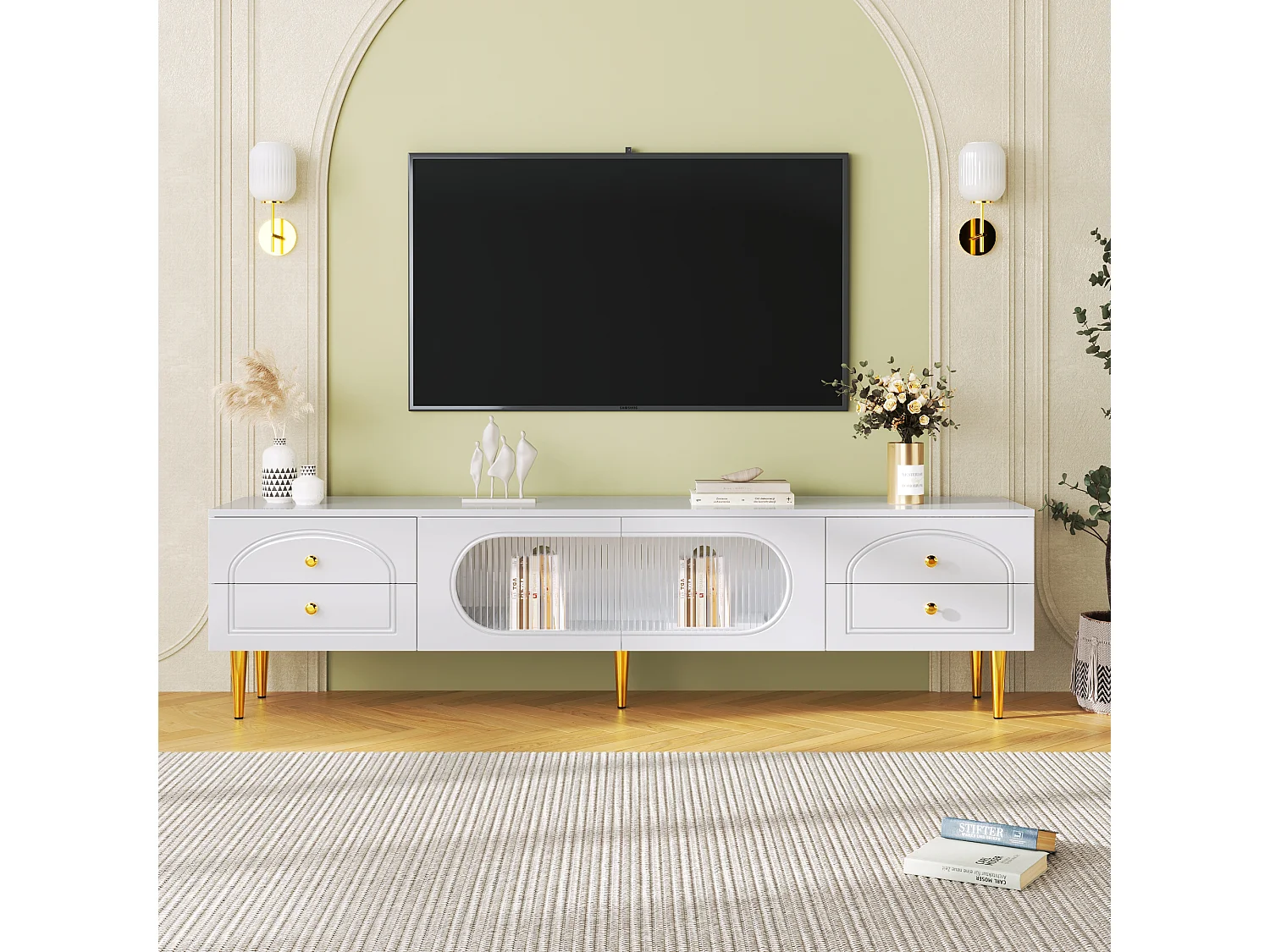 Meuble TV avec 2 portes et 4 tiroirs - 175 x 45 x 35 cm - Bois MDF et pièds dorés - Blanc