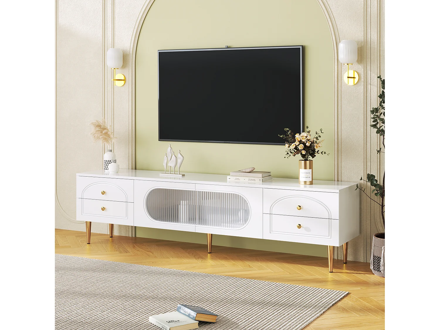 Meuble TV avec 2 portes et 4 tiroirs - 175 x 45 x 35 cm - Bois MDF et pièds dorés - Blanc