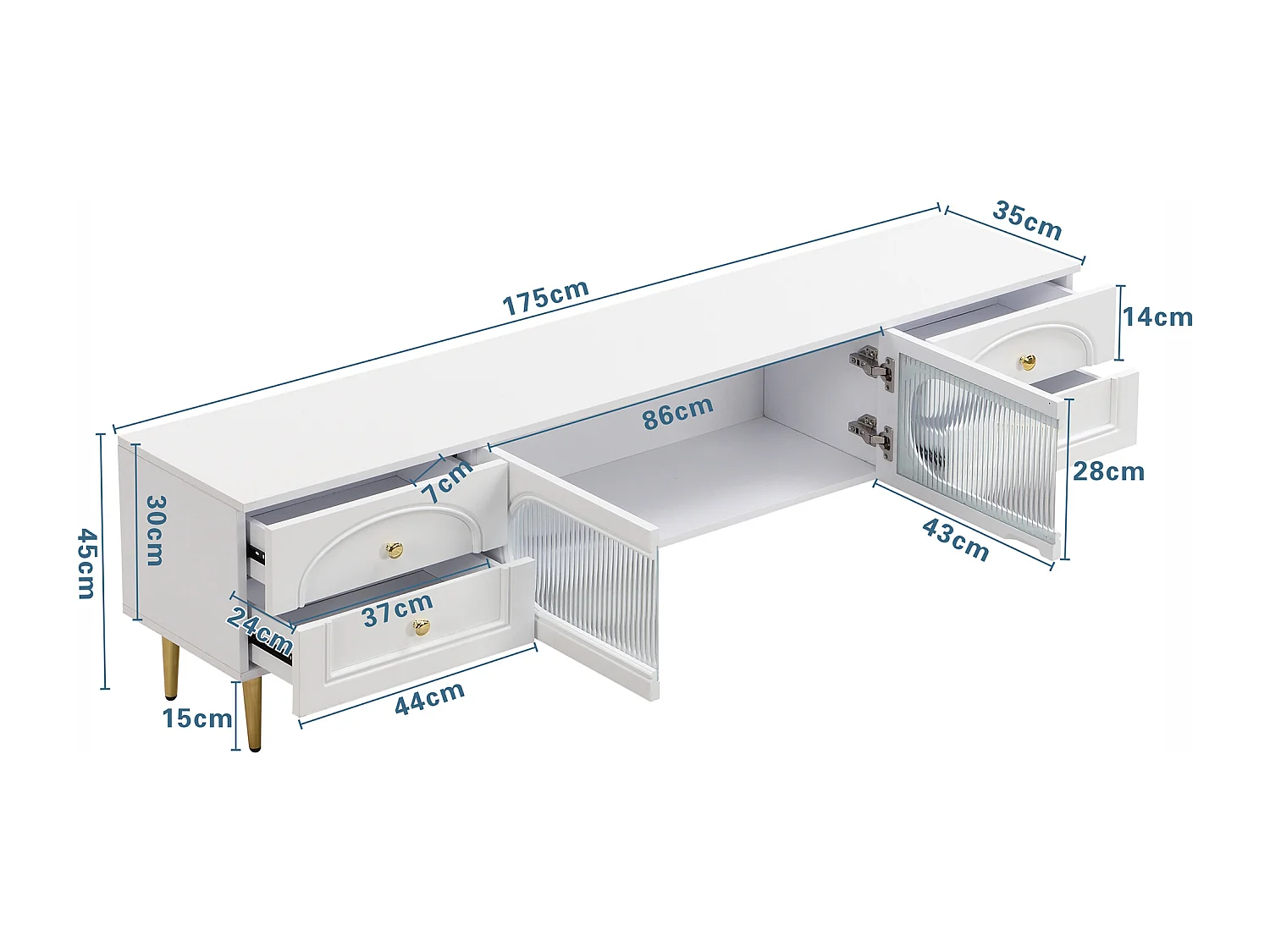 Meuble TV avec 2 portes et 4 tiroirs - 175 x 45 x 35 cm - Bois MDF et pièds dorés - Blanc