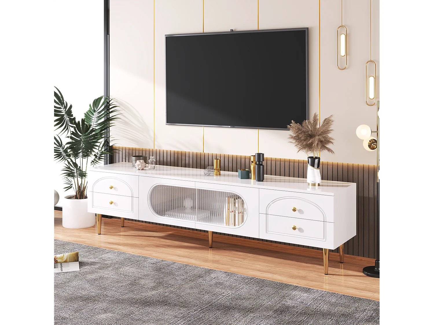 Meuble TV avec 2 portes et 4 tiroirs - 175 x 45 x 35 cm - Bois MDF et pièds dorés - Blanc
