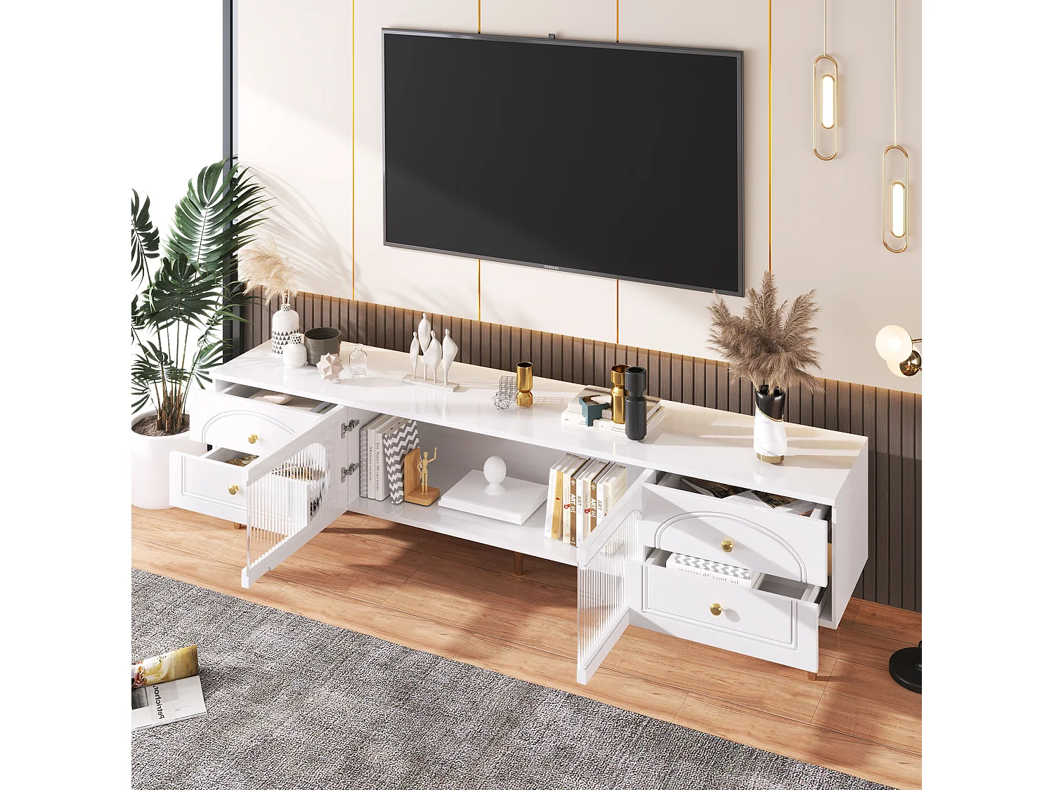 Meuble TV avec 2 portes et 4 tiroirs - 175 x 45 x 35 cm - Bois MDF et pièds dorés - Blanc