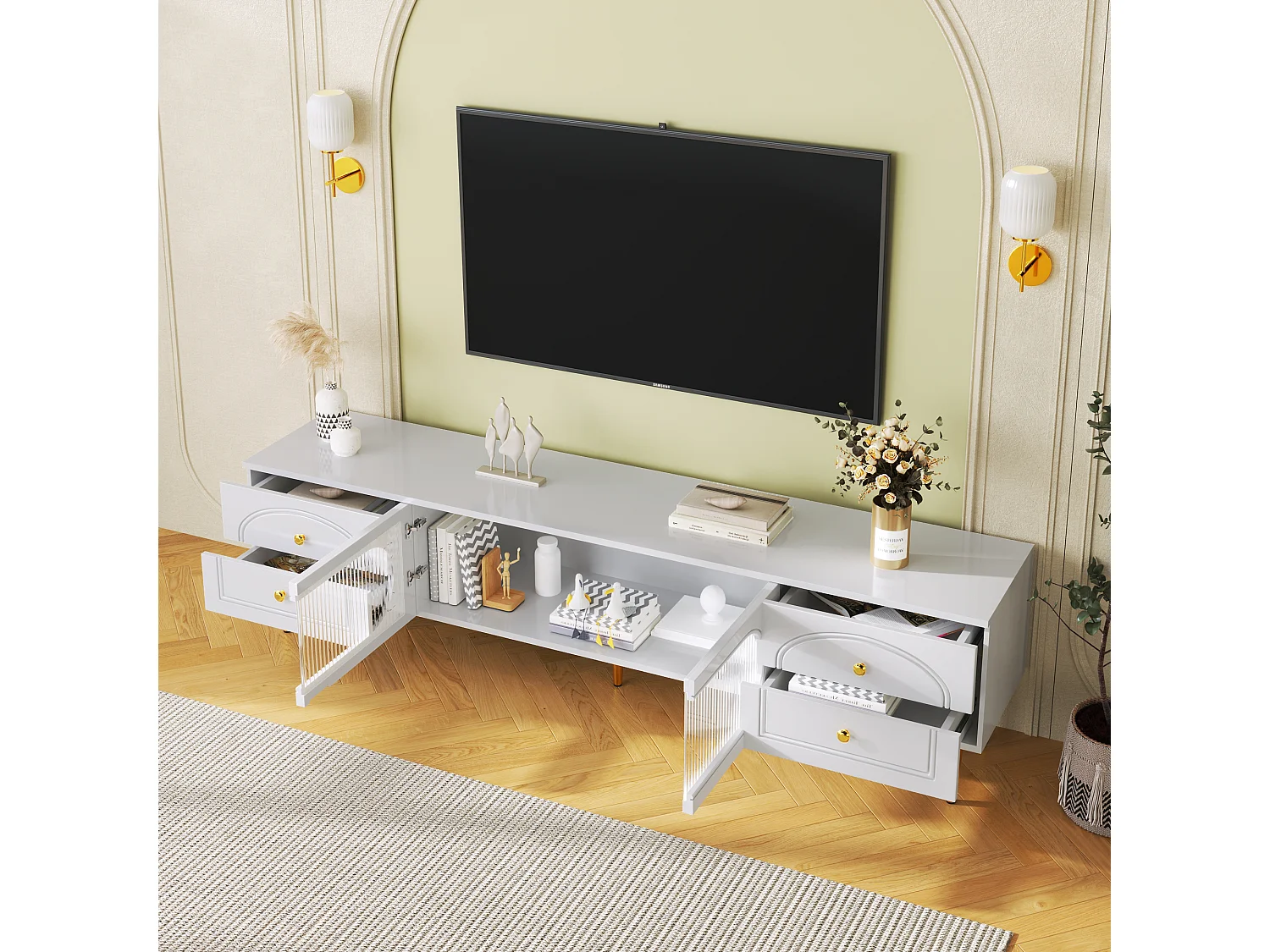 Meuble TV avec 2 portes et 4 tiroirs - 175 x 45 x 35 cm - Bois MDF et pièds dorés - Blanc