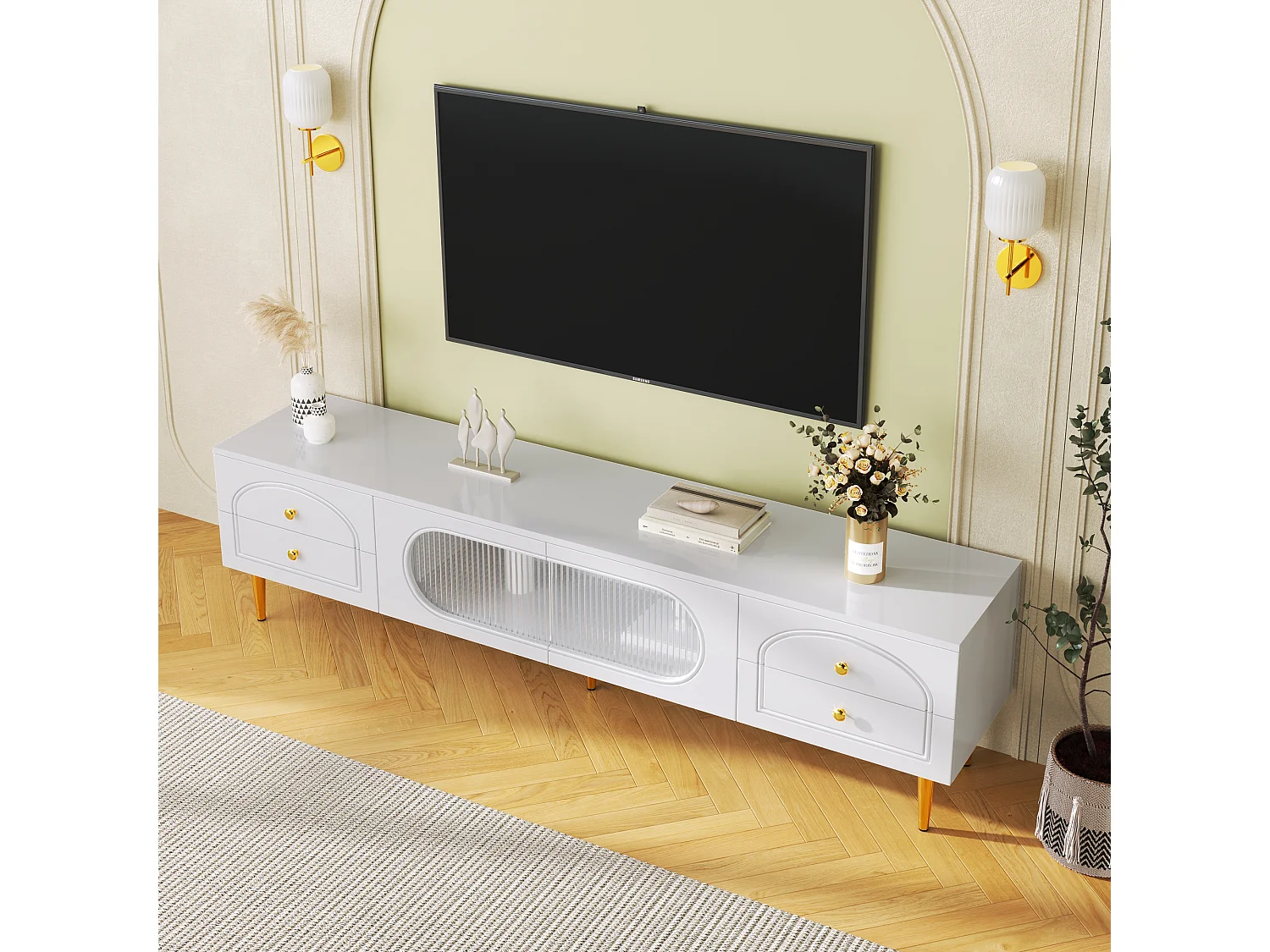 Meuble TV avec 2 portes et 4 tiroirs - 175 x 45 x 35 cm - Bois MDF et pièds dorés - Blanc