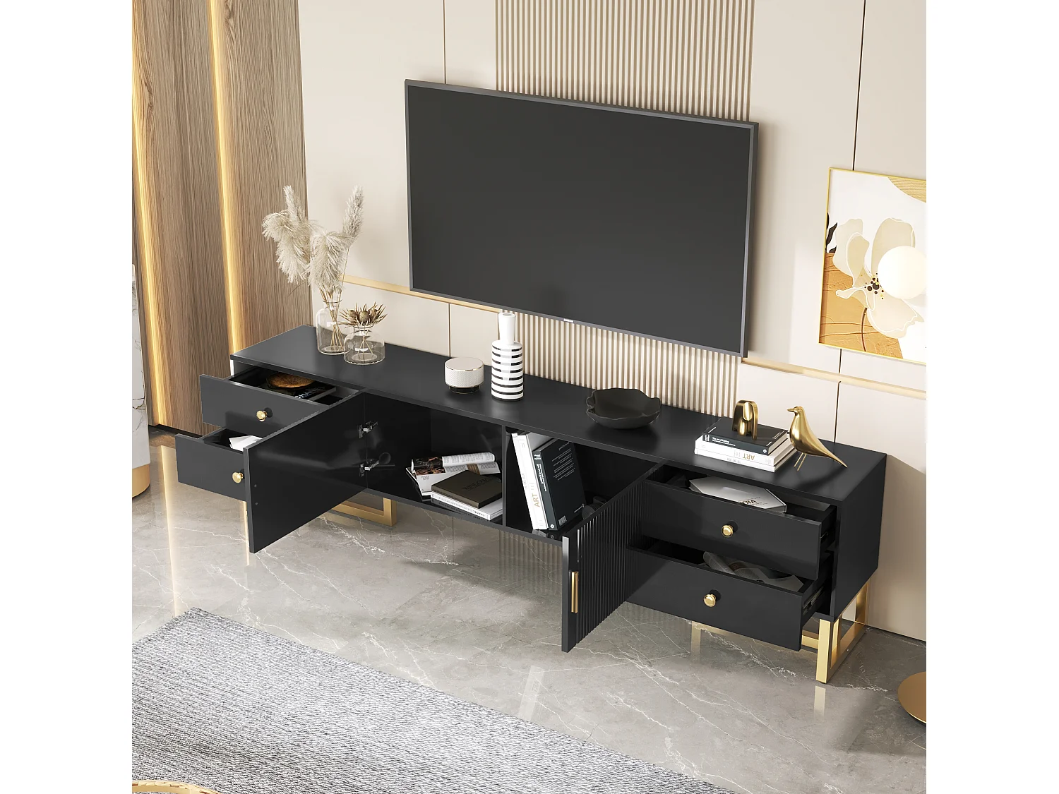 TV-meubel met 2 deuren en 4 lades - 175 x 30 x 46 cm - MDF hout, goud metalen poten en handgrepen - zwart