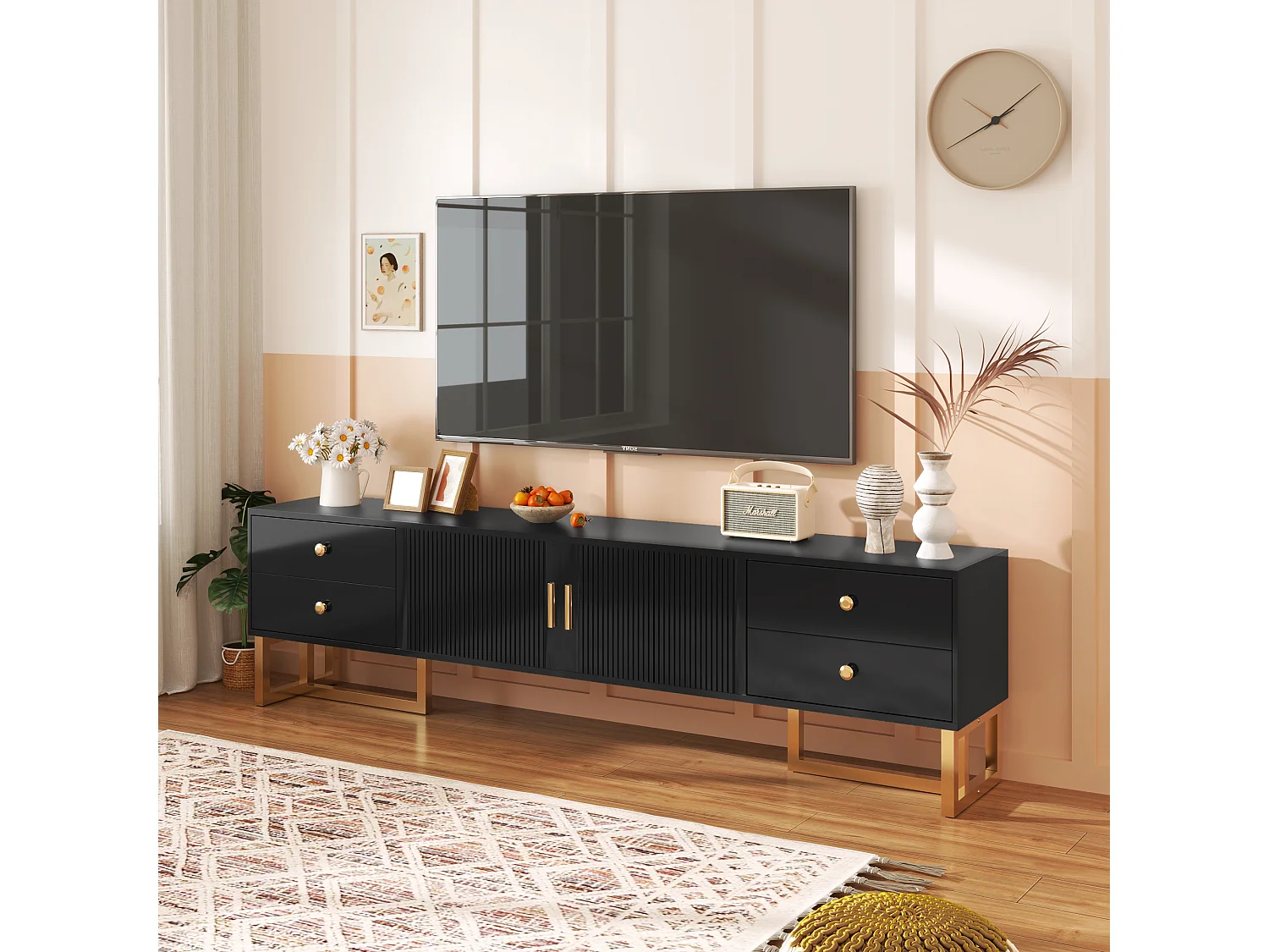 TV-meubel met 2 deuren en 4 lades - 175 x 30 x 46 cm - MDF hout, goud metalen poten en handgrepen - zwart