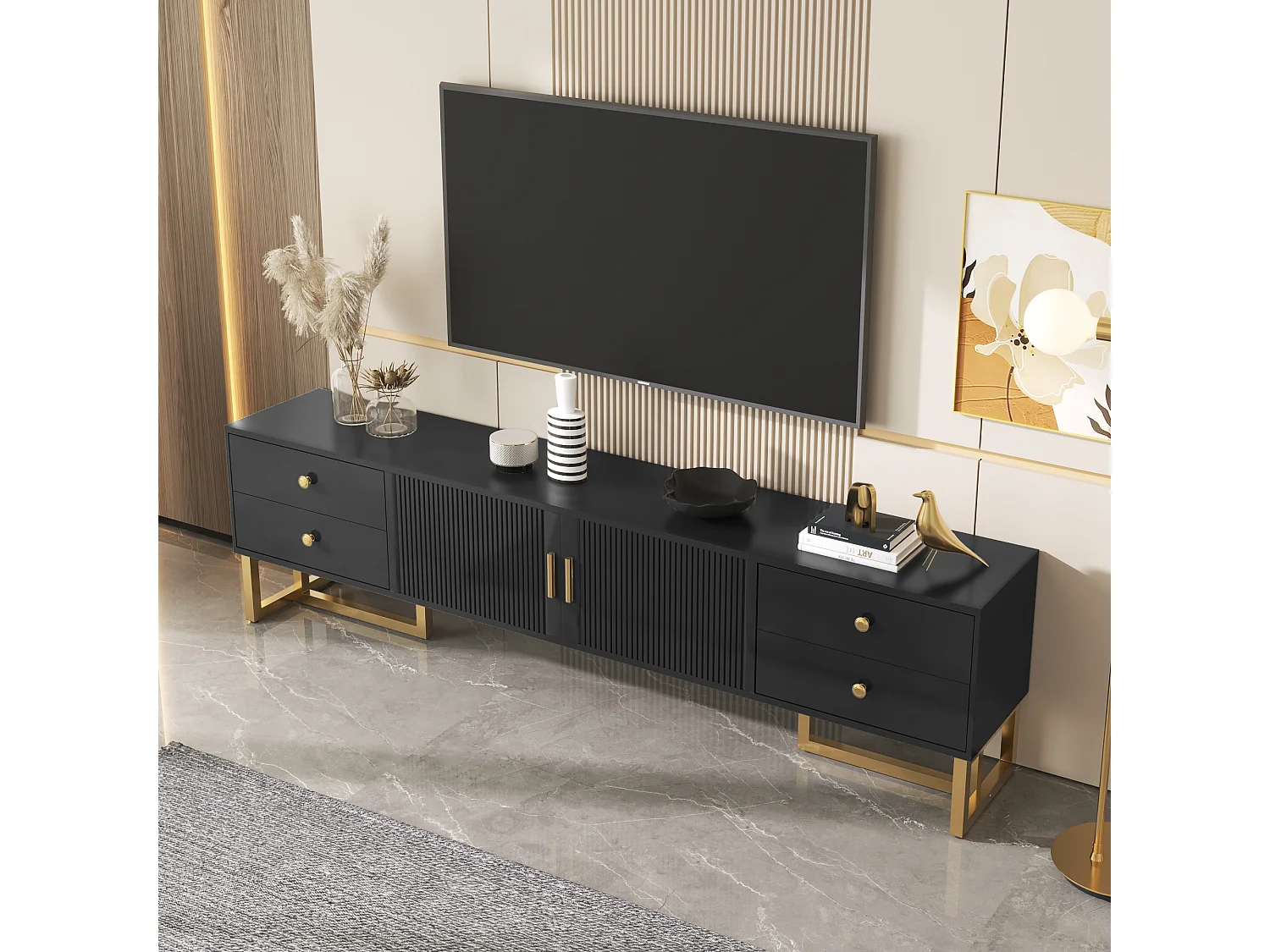 TV-Schrank mit 2 Türen und 4 Schubladen – 175 x 30 x 46 cm – MDF-Holz, goldene Metallbeine und Griffe – Schwarz