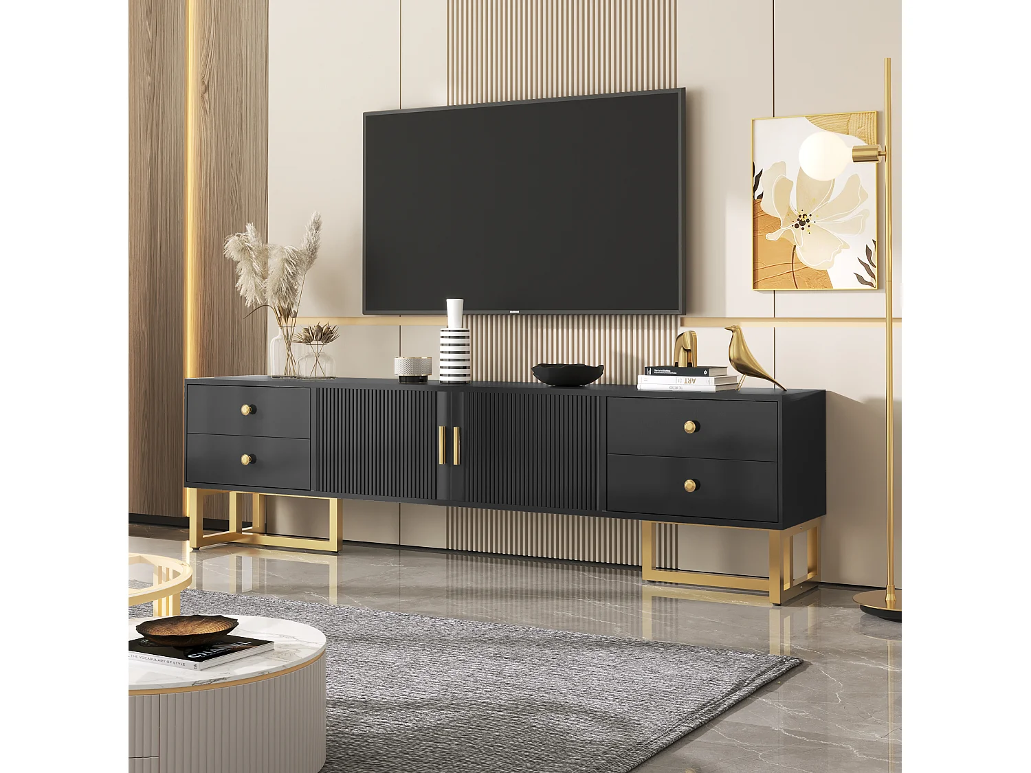 TV-Schrank mit 2 Türen und 4 Schubladen – 175 x 30 x 46 cm – MDF-Holz, goldene Metallbeine und Griffe – Schwarz