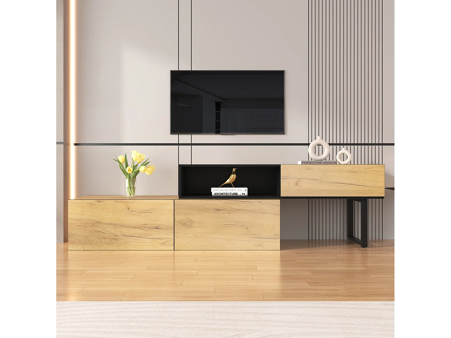 In lengte verstelbaar TV-meubel met 3 lades en één groot vak - Spaanplaat - Naturel