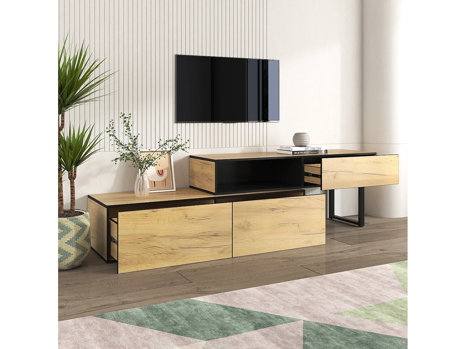 In lengte verstelbaar TV-meubel met 3 lades en één groot vak - Spaanplaat - Naturel