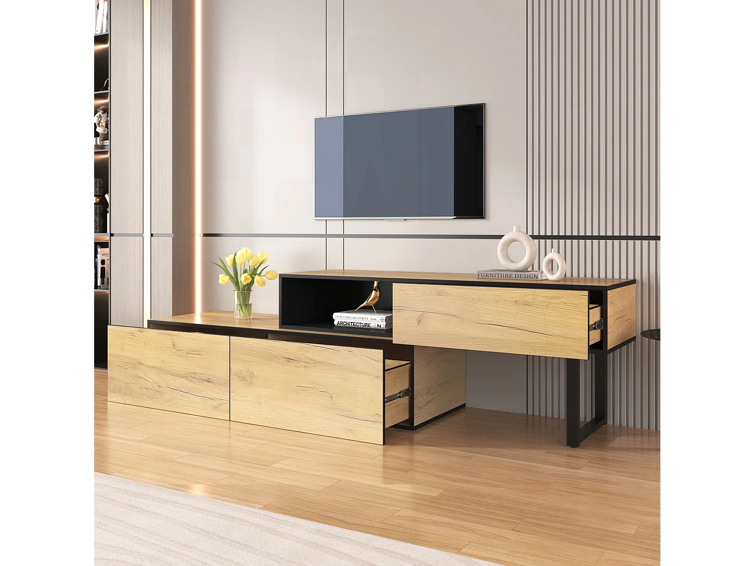 In lengte verstelbaar TV-meubel met 3 lades en één groot vak - Spaanplaat - Naturel