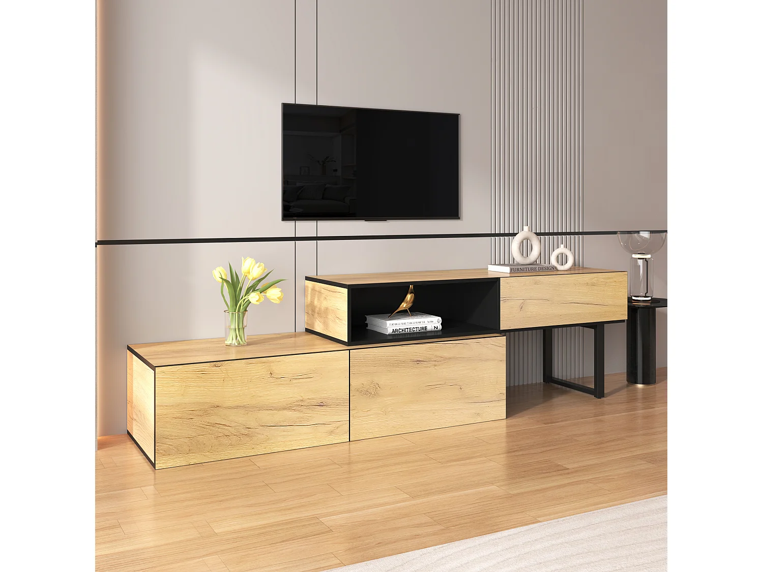 In lengte verstelbaar TV-meubel met 3 lades en één groot vak - Spaanplaat - Naturel