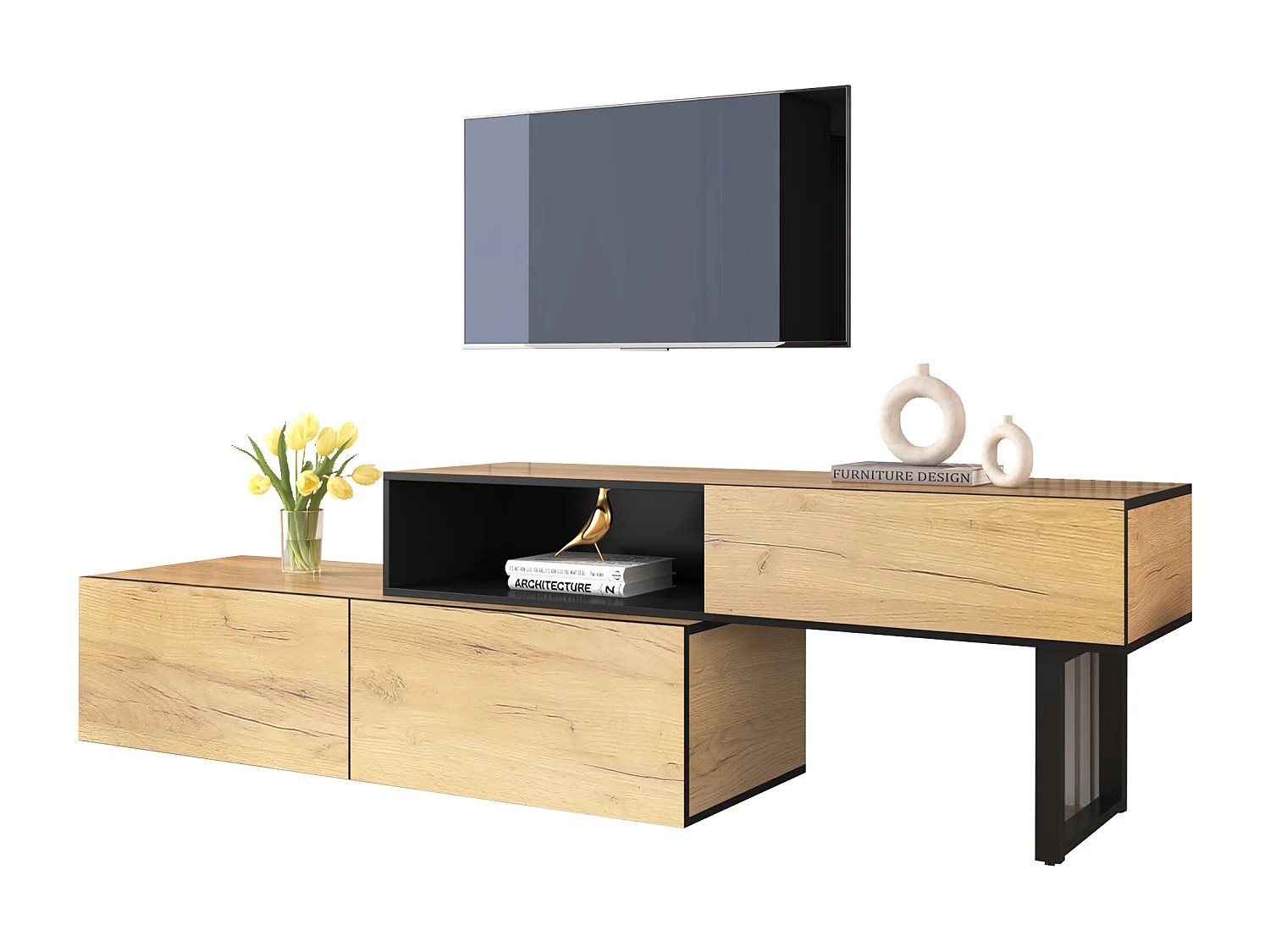 In lengte verstelbaar TV-meubel met 3 lades en één groot vak - Spaanplaat - Naturel