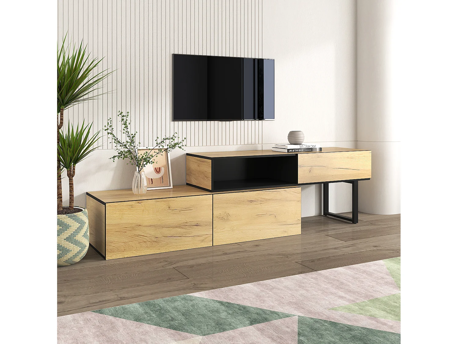 In lengte verstelbaar TV-meubel met 3 lades en één groot vak - Spaanplaat - Naturel