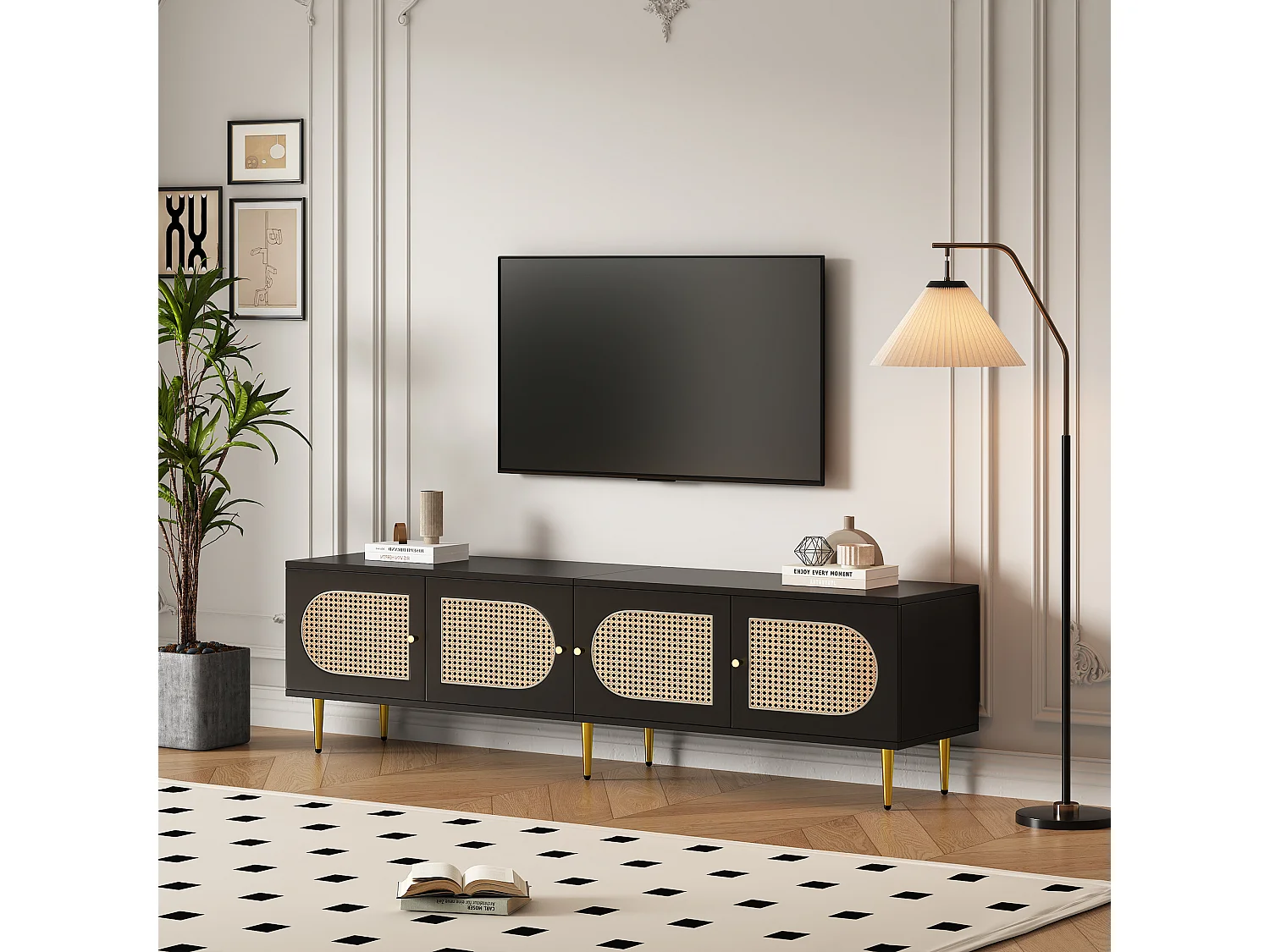 Mobile TV con 4 ante in rattan - 180 x 40 x 50 cm - Gambe in metallo dorato e pannelli truciolari - Nero