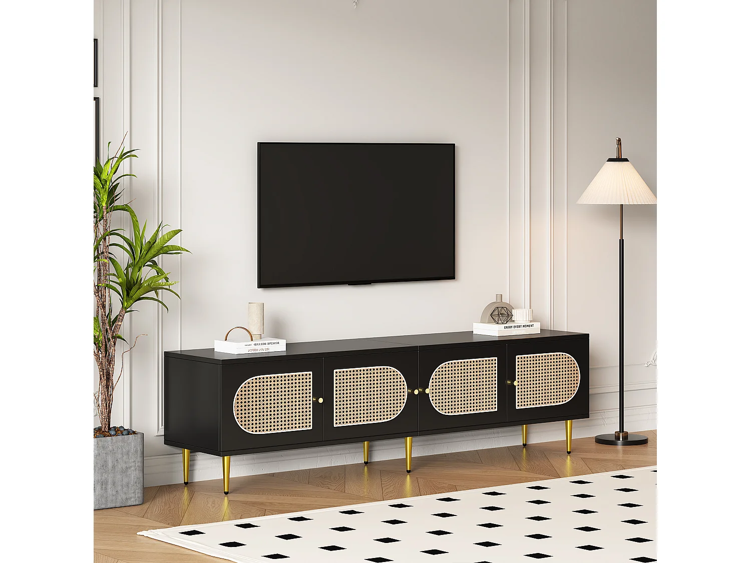 Mobile TV con 4 ante in rattan - 180 x 40 x 50 cm - Gambe in metallo dorato e pannelli truciolari - Nero
