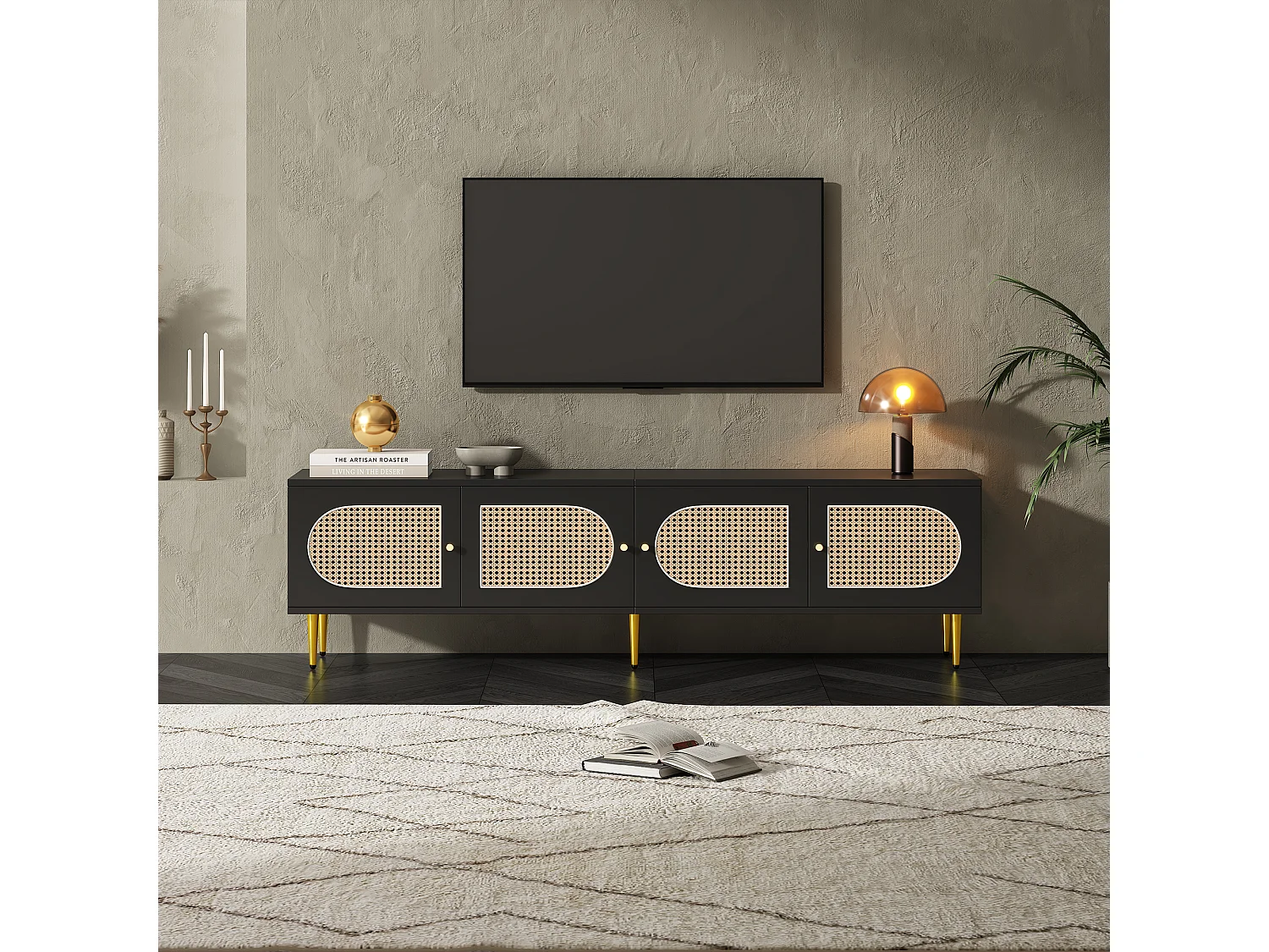 Mobile TV con 4 ante in rattan - 180 x 40 x 50 cm - Gambe in metallo dorato e pannelli truciolari - Nero