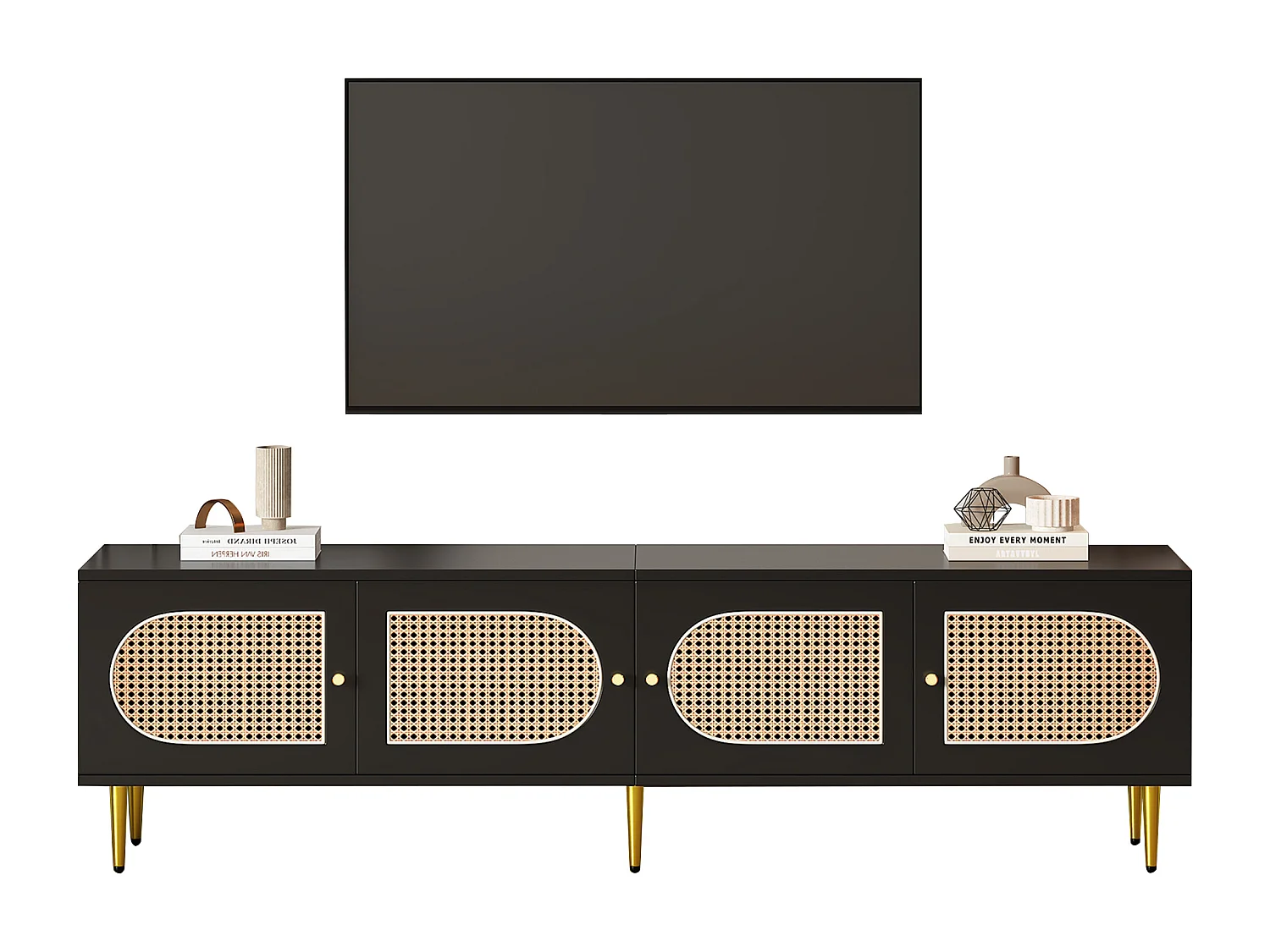 Mobile TV con 4 ante in rattan - 180 x 40 x 50 cm - Gambe in metallo dorato e pannelli truciolari - Nero