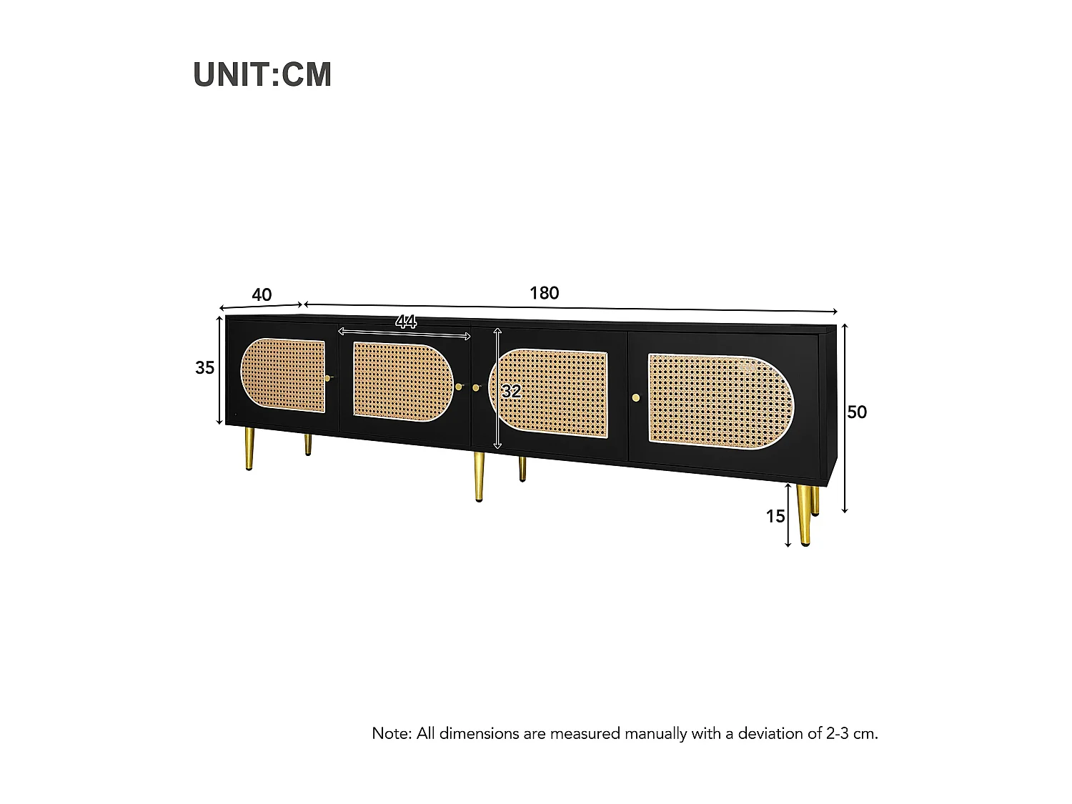 Mobile TV con 4 ante in rattan - 180 x 40 x 50 cm - Gambe in metallo dorato e pannelli truciolari - Nero