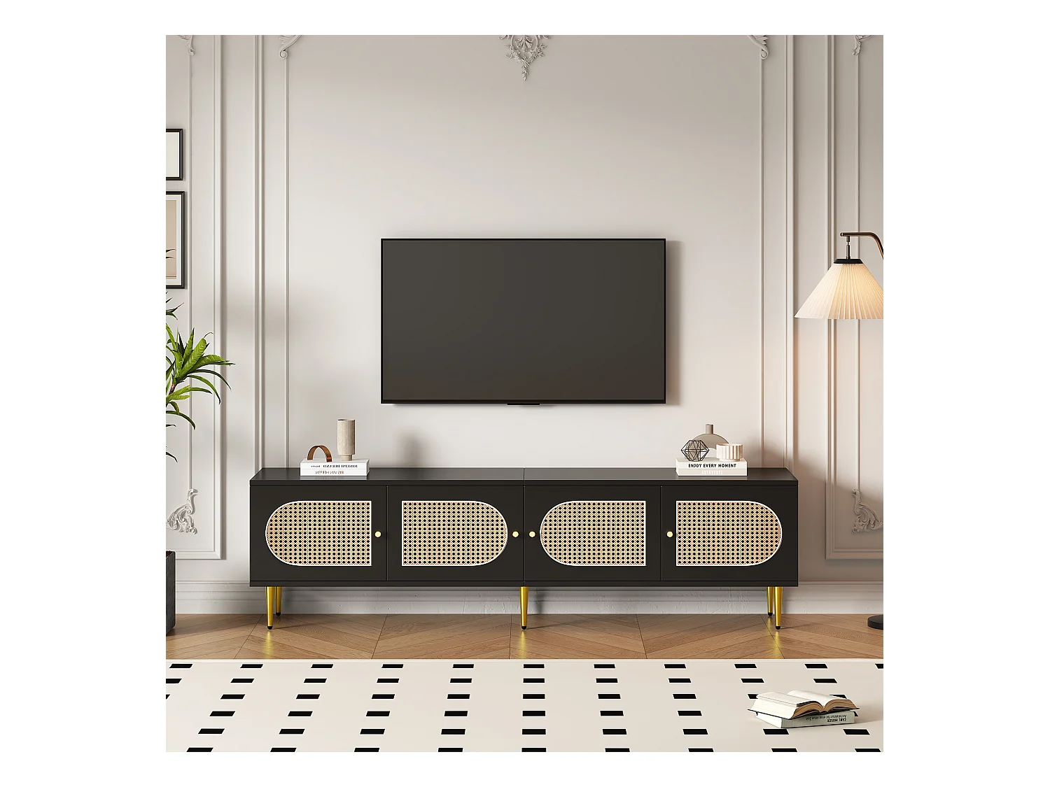 Meuble TV avec 4 portes en rotin - 180 x 40 x 50 cm - Pieds en métal doré et panneaux de particules - Noir