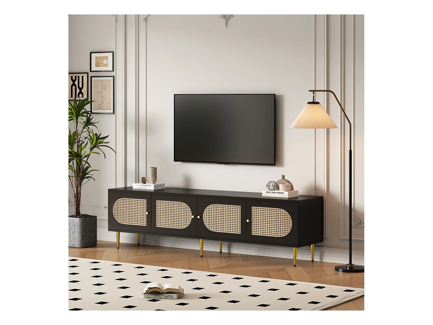 Meuble TV avec 4 portes en rotin - 180 x 40 x 50 cm - Pieds en métal doré et panneaux de particules - Noir
