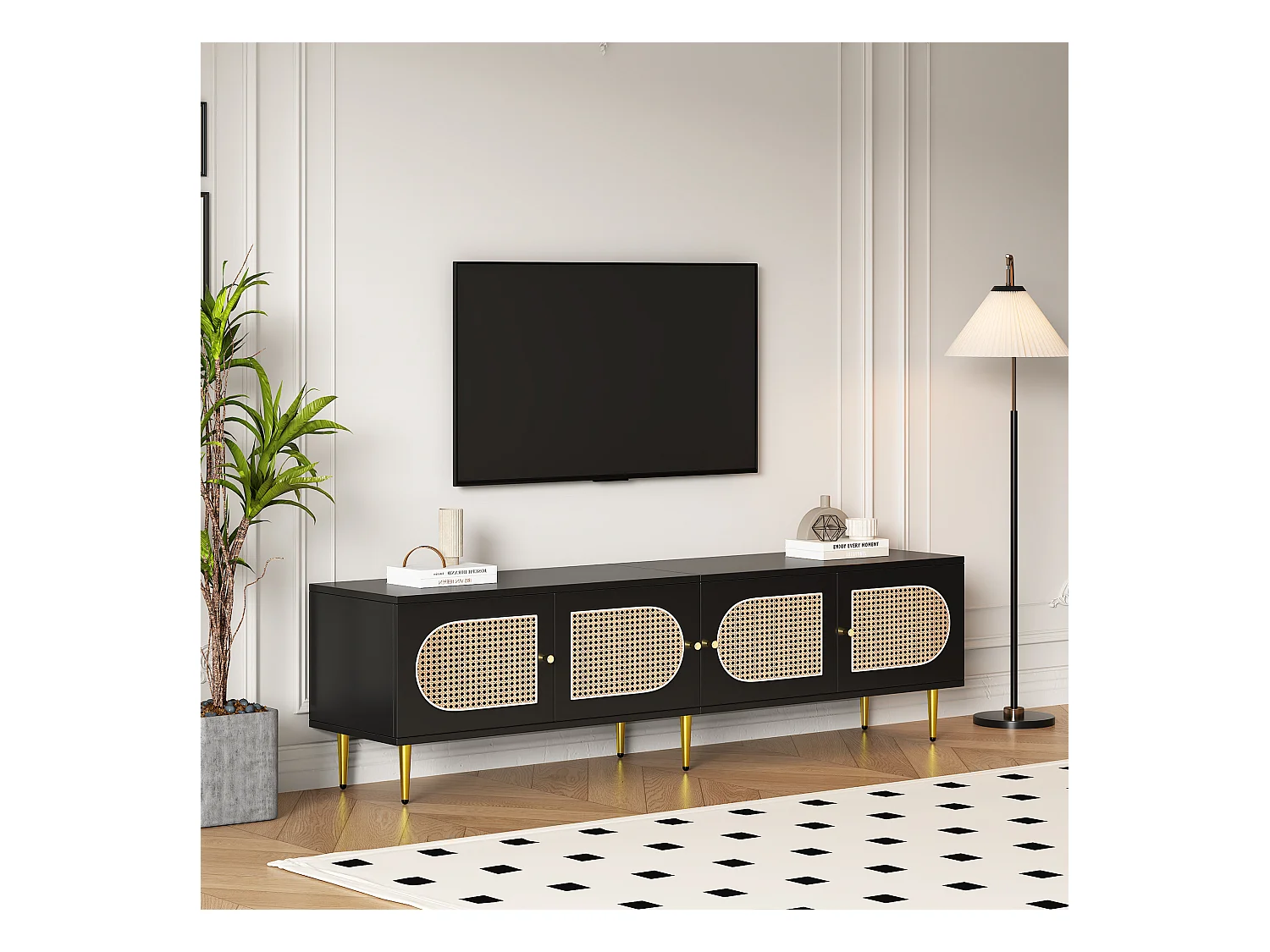 Meuble TV avec 4 portes en rotin - 180 x 40 x 50 cm - Pieds en métal doré et panneaux de particules - Noir