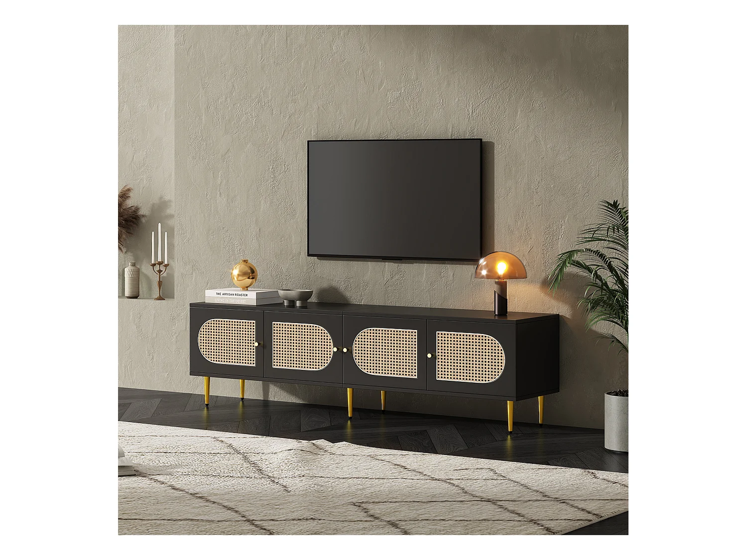 Meuble TV avec 4 portes en rotin - 180 x 40 x 50 cm - Pieds en métal doré et panneaux de particules - Noir