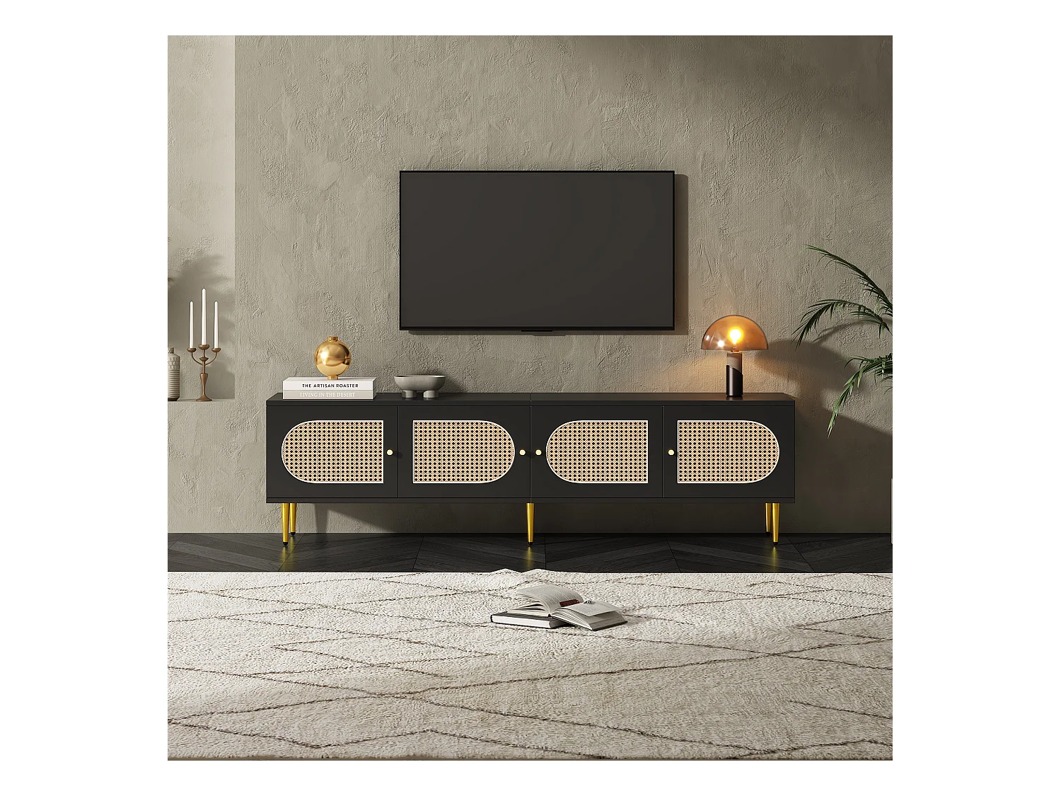 Meuble TV avec 4 portes en rotin - 180 x 40 x 50 cm - Pieds en métal doré et panneaux de particules - Noir