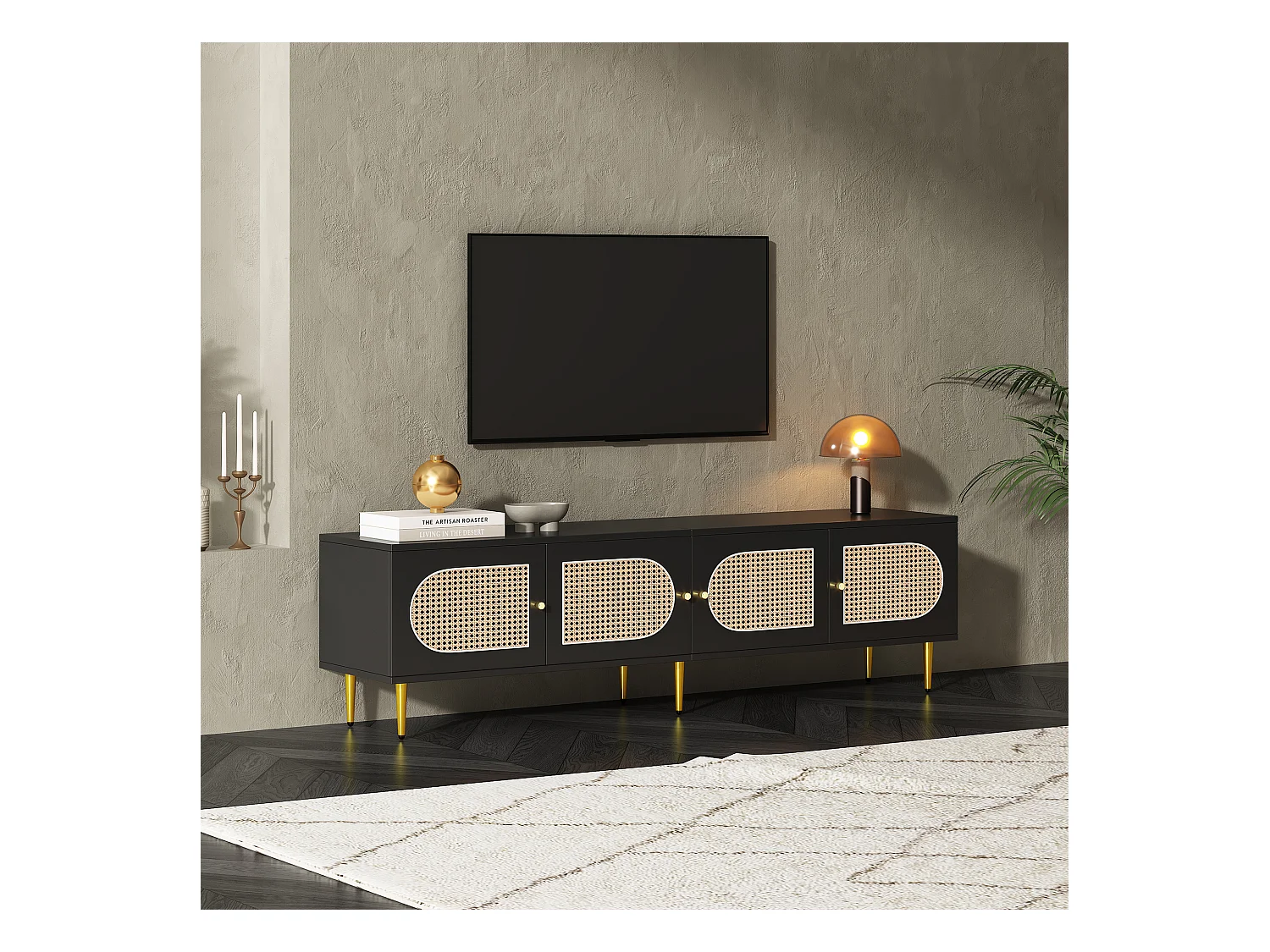 Meuble TV avec 4 portes en rotin - 180 x 40 x 50 cm - Pieds en métal doré et panneaux de particules - Noir