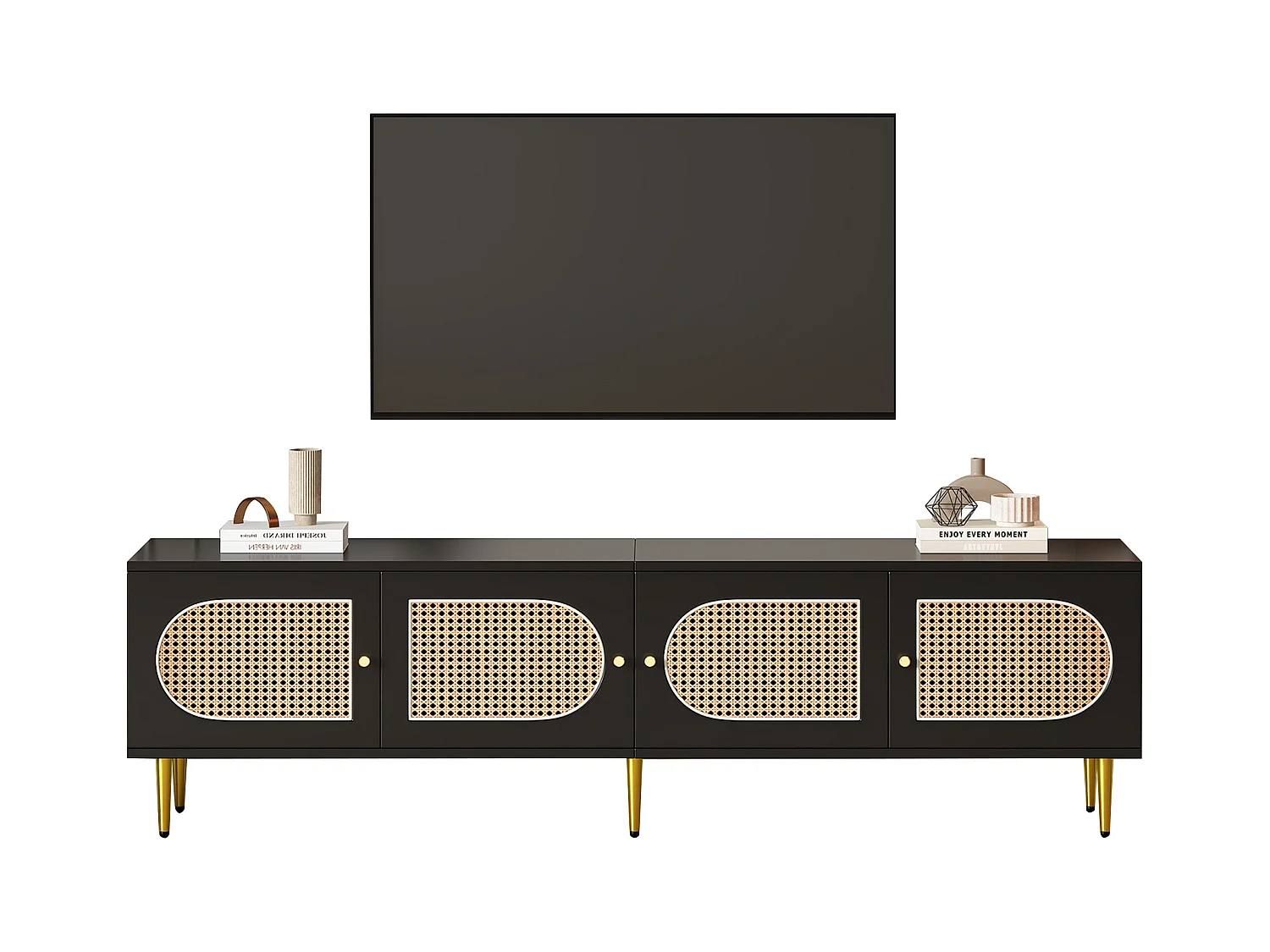 Meuble TV avec 4 portes en rotin - 180 x 40 x 50 cm - Pieds en métal doré et panneaux de particules - Noir
