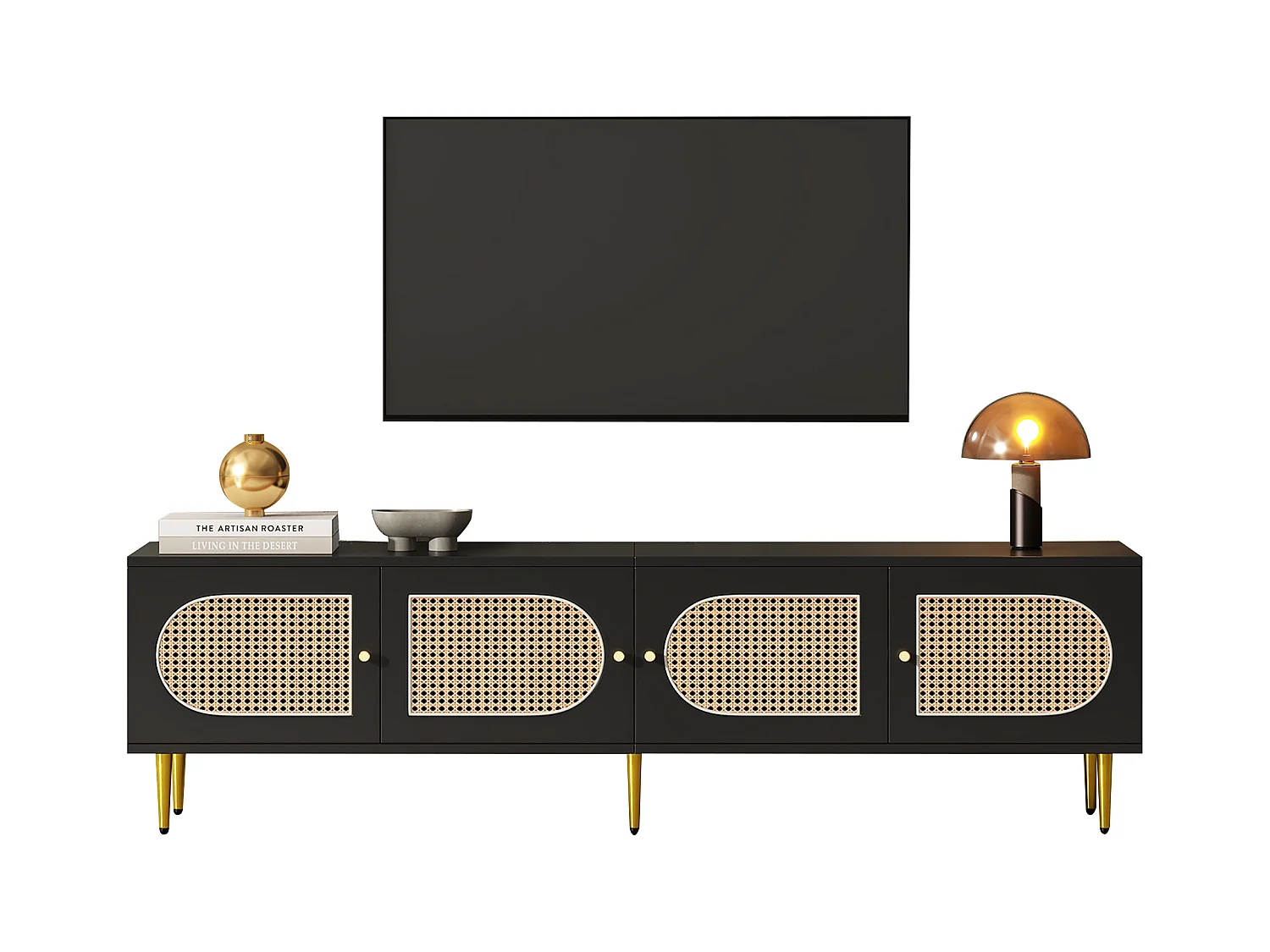 Meuble TV avec 4 portes en rotin - 180 x 40 x 50 cm - Pieds en métal doré et panneaux de particules - Noir