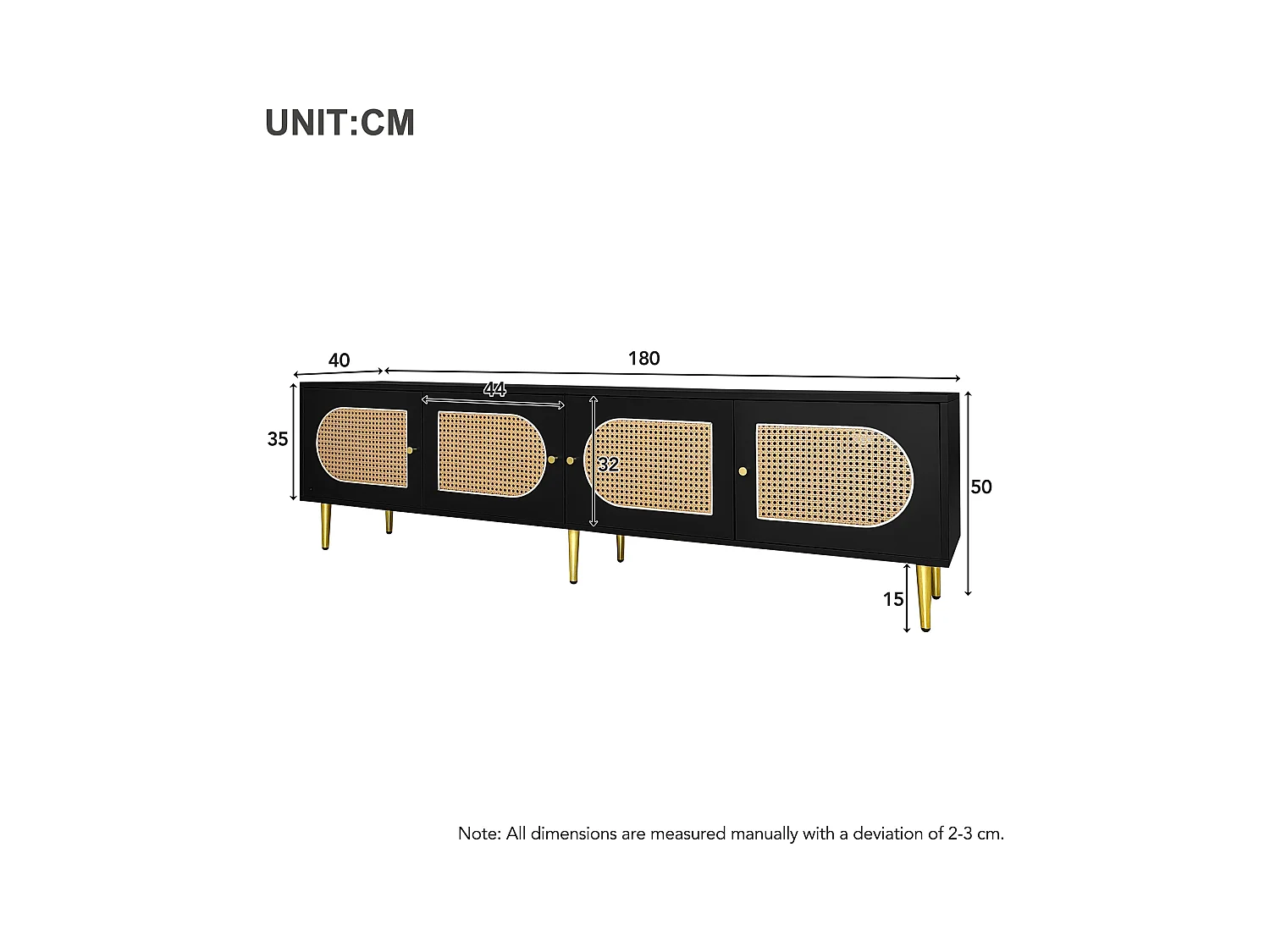 Meuble TV avec 4 portes en rotin - 180 x 40 x 50 cm - Pieds en métal doré et panneaux de particules - Noir