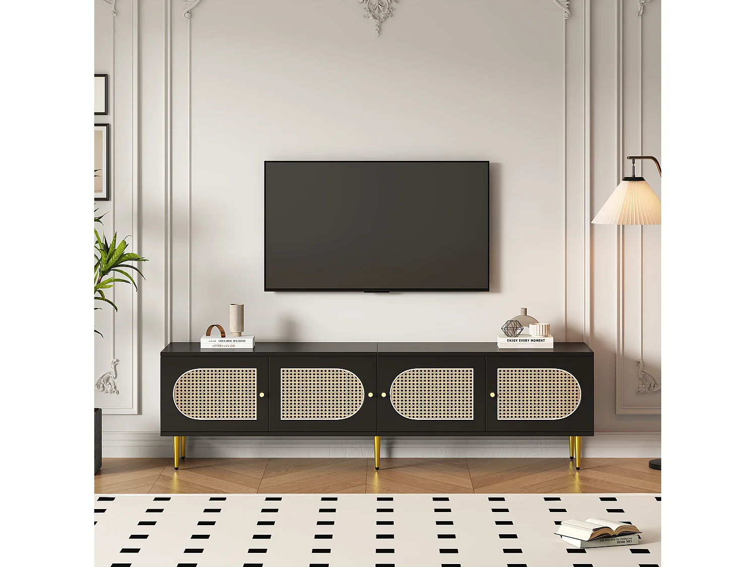 TV-meubel met 4 rotan deuren - 180 x 40 x 50 cm - Goudkleurige metalen poten en spaanplaten - Zwart