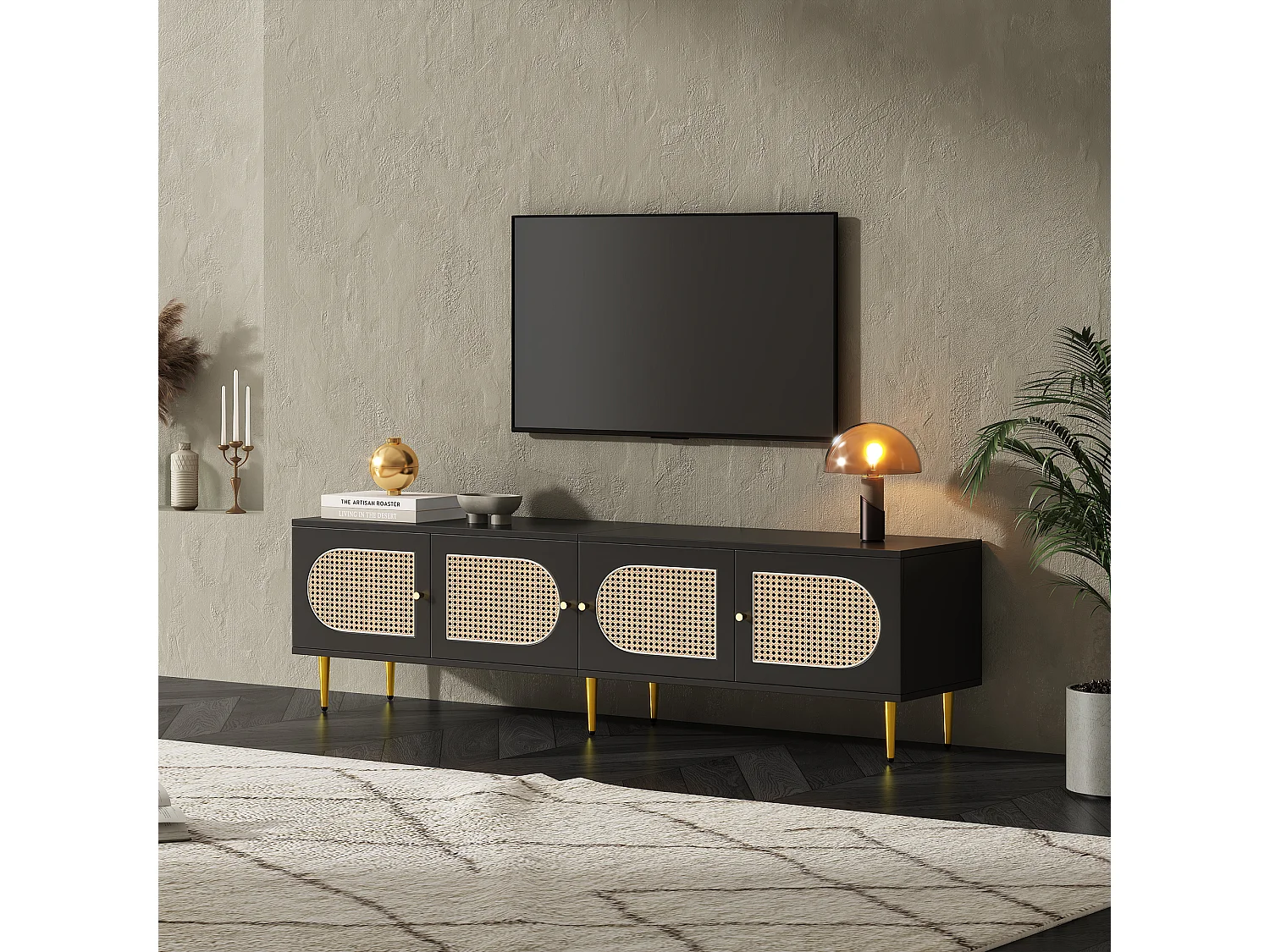 TV-meubel met 4 rotan deuren - 180 x 40 x 50 cm - Goudkleurige metalen poten en spaanplaten - Zwart