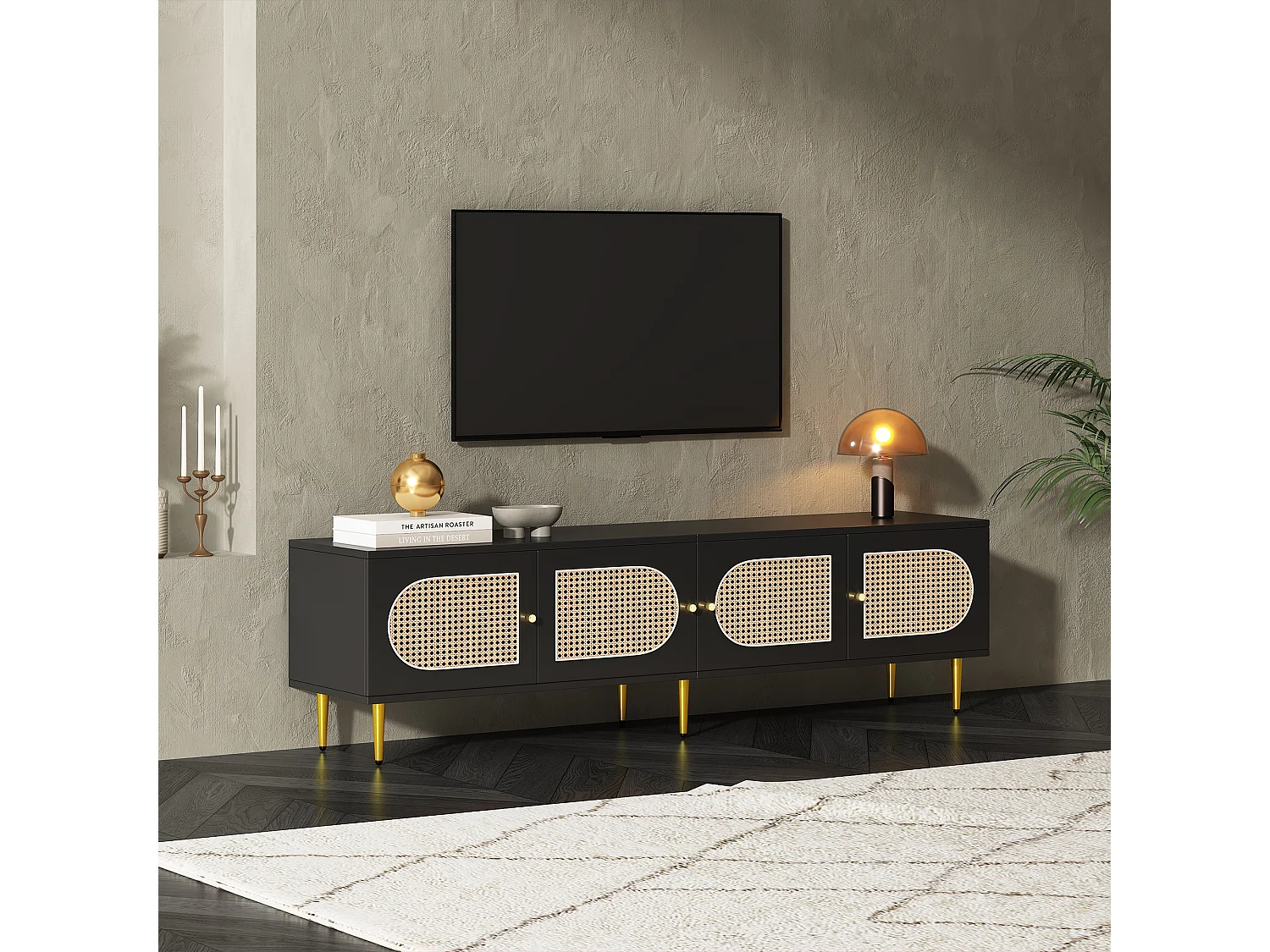TV-meubel met 4 rotan deuren - 180 x 40 x 50 cm - Goudkleurige metalen poten en spaanplaten - Zwart