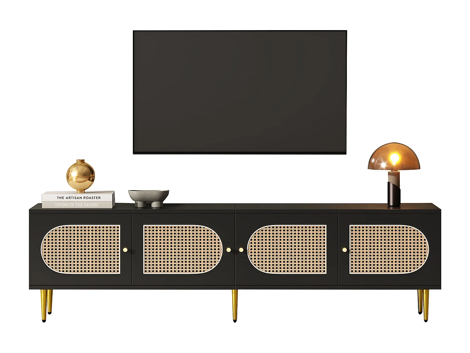 TV-meubel met 4 rotan deuren - 180 x 40 x 50 cm - Goudkleurige metalen poten en spaanplaten - Zwart